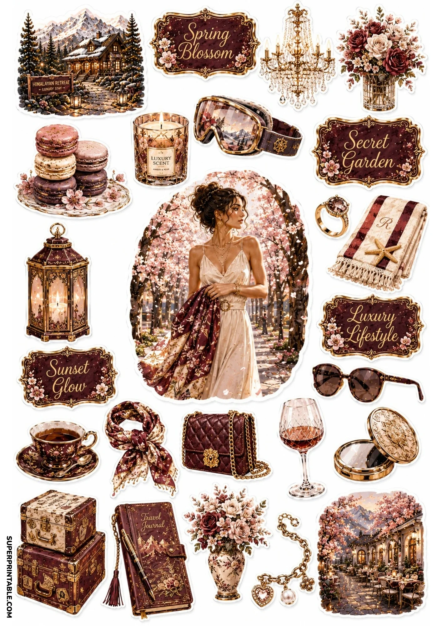 Printable sticker sheet with burgundy red artwork showing a woman under cherry blossoms, crystal chandelier, travel journal, maroon handbag, and compact mirror.