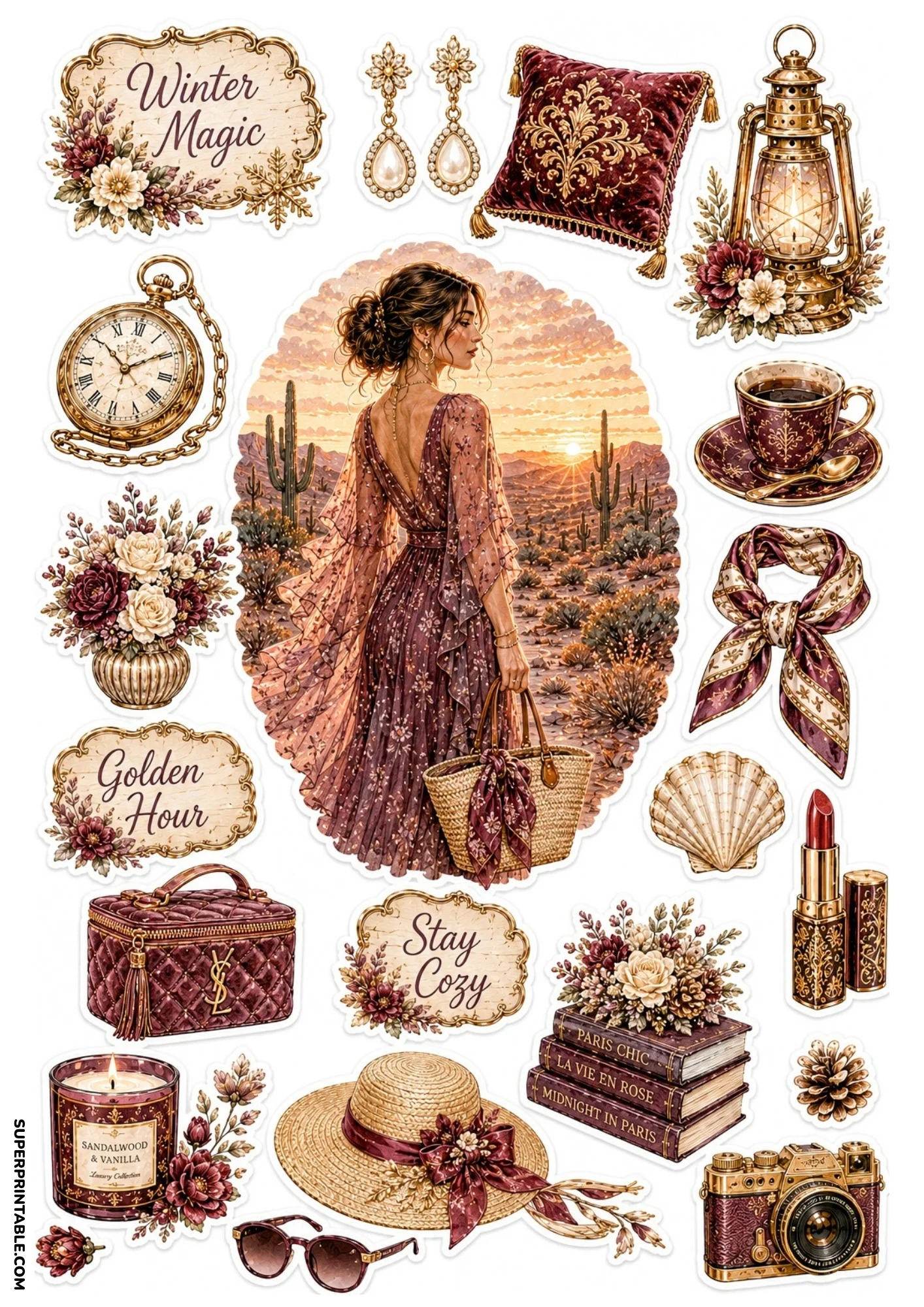 Printable sticker sheet showcasing a woman in a flowing burgundy dress walking through a desert at sunset, framed by a burgundy velvet cushion, straw hat, camera, lipstick, and floral arrangements.