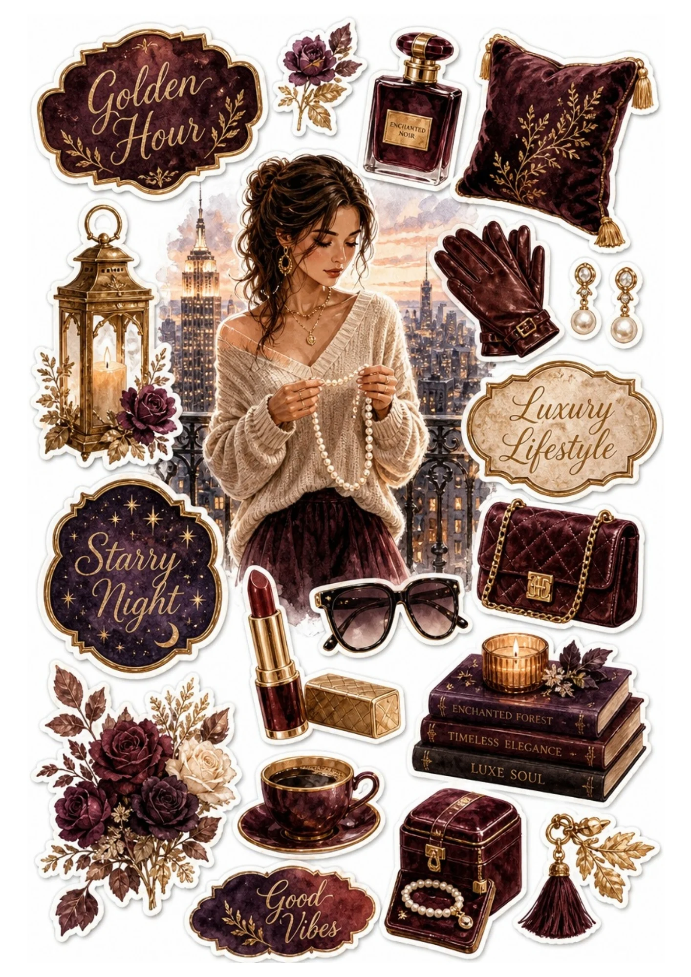 Sticker sheet displaying a woman with a pearl necklace against a city skyline.