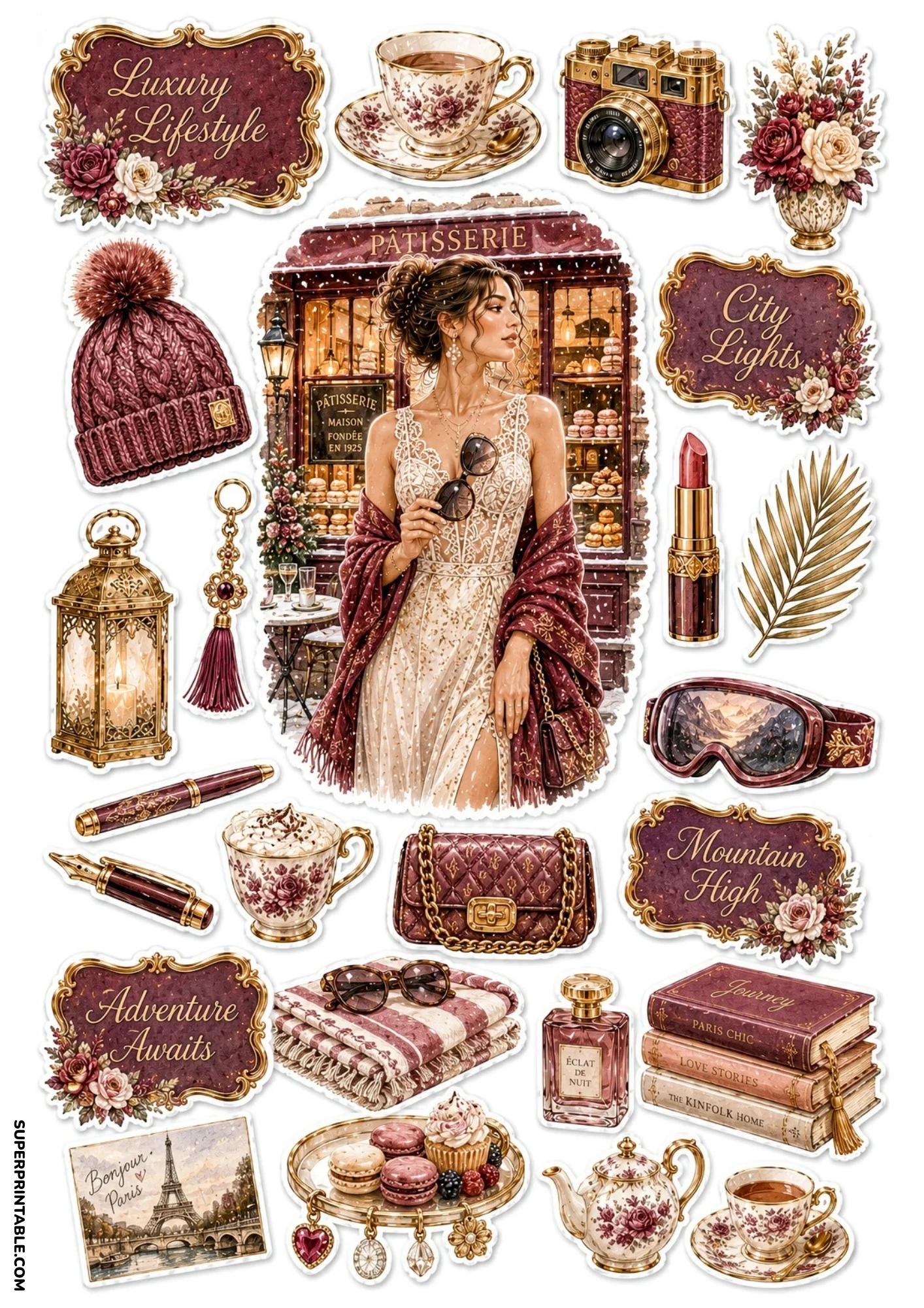 Burgundy wine red sticker sheet with a woman outside a Paris bakery, teacups, macaron tower, knit beanie, and vintage shopfront labels.