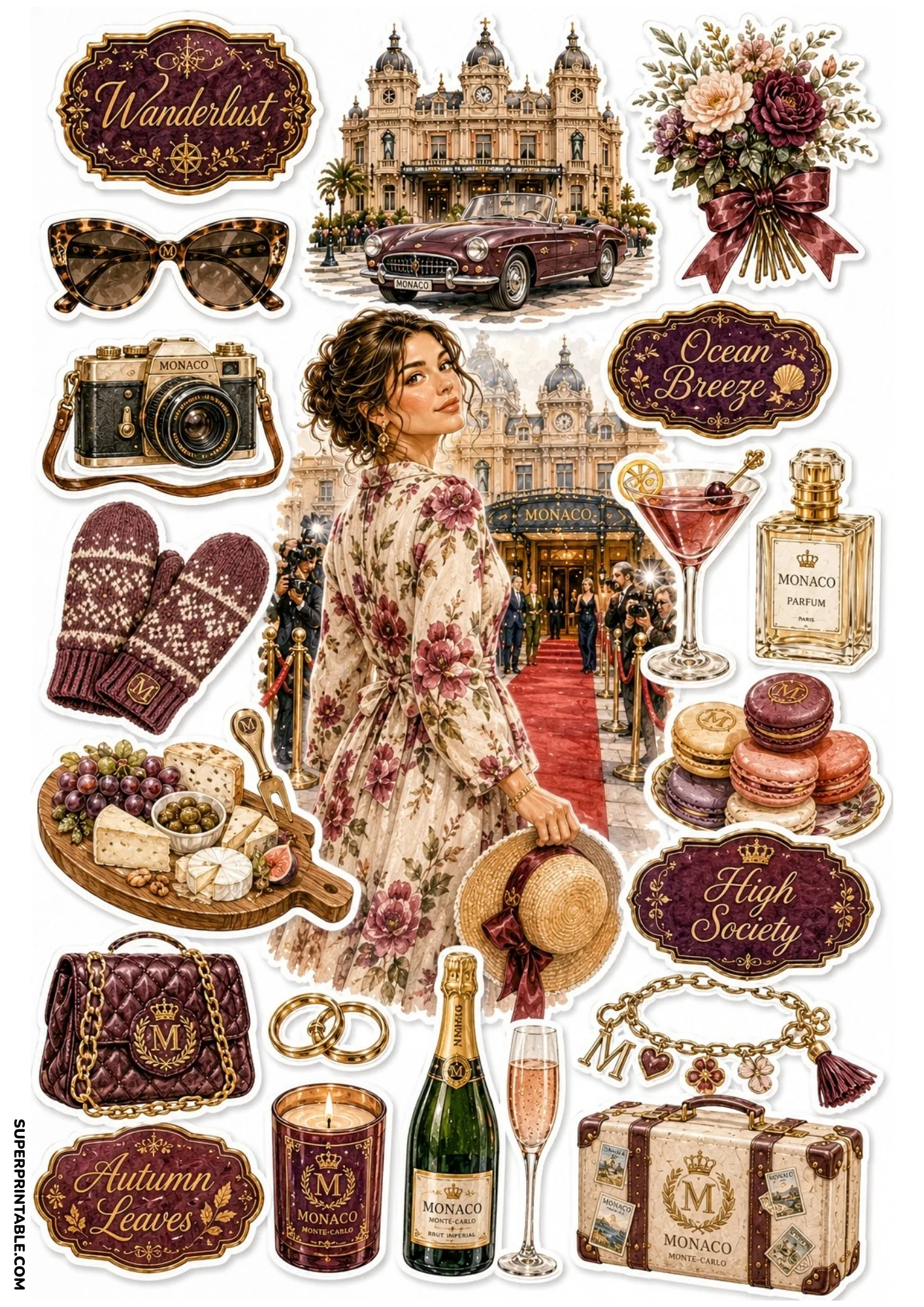 Printable sticker sheet featuring a woman on a red carpet in Monaco, burgundy vintage car, macarons, and camera.