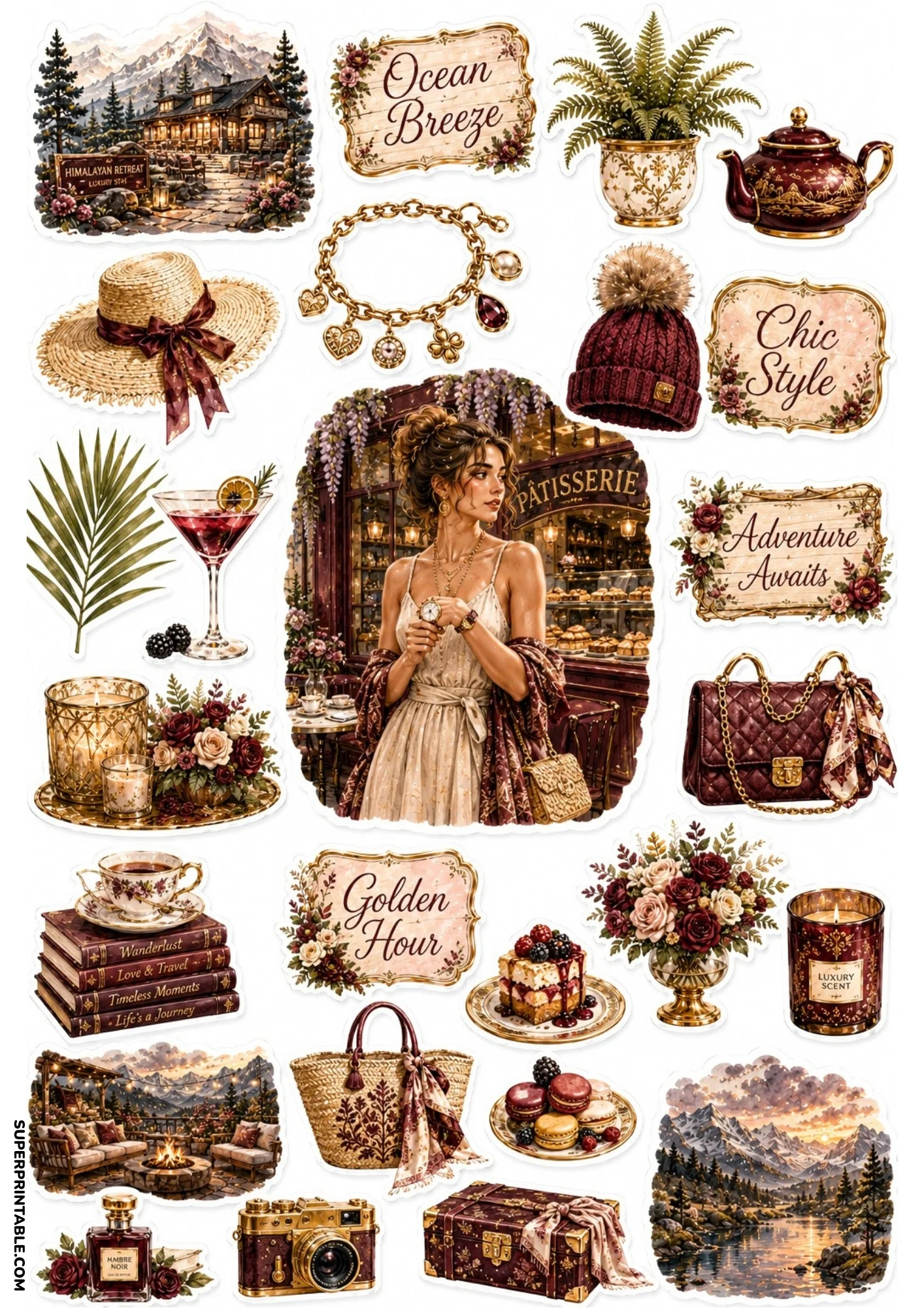 Sticker sheet featuring burgundy aesthetic illustrations of a woman at a patisserie, pom-pom beanie, berry cake slice, leather trunk, and woven tote bag.