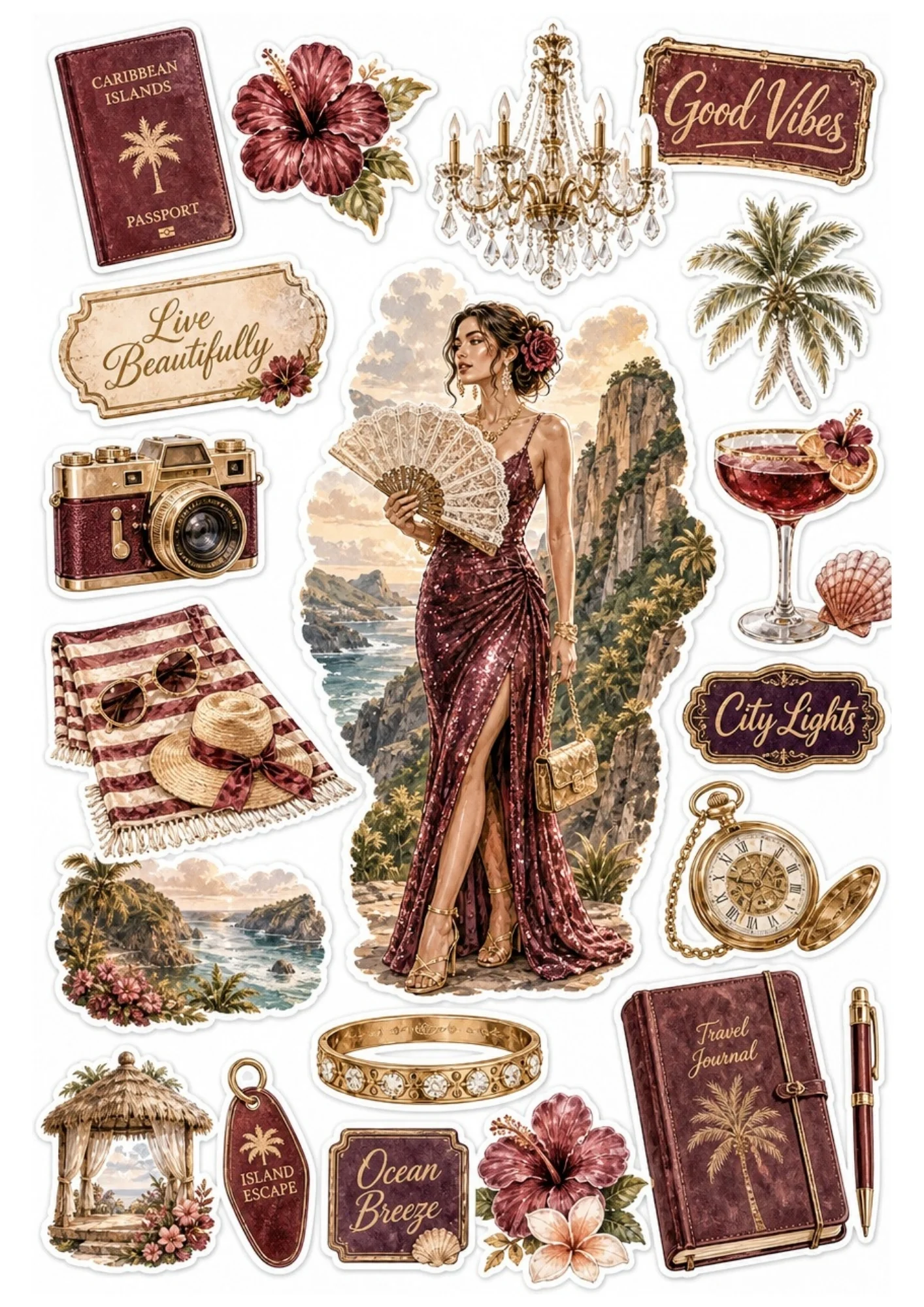 Printable sticker sheet featuring a woman in a burgundy sequin gown with a lace fan, accompanied by travel accessories including a passport, leather journal, vintage camera, and cocktail glass.