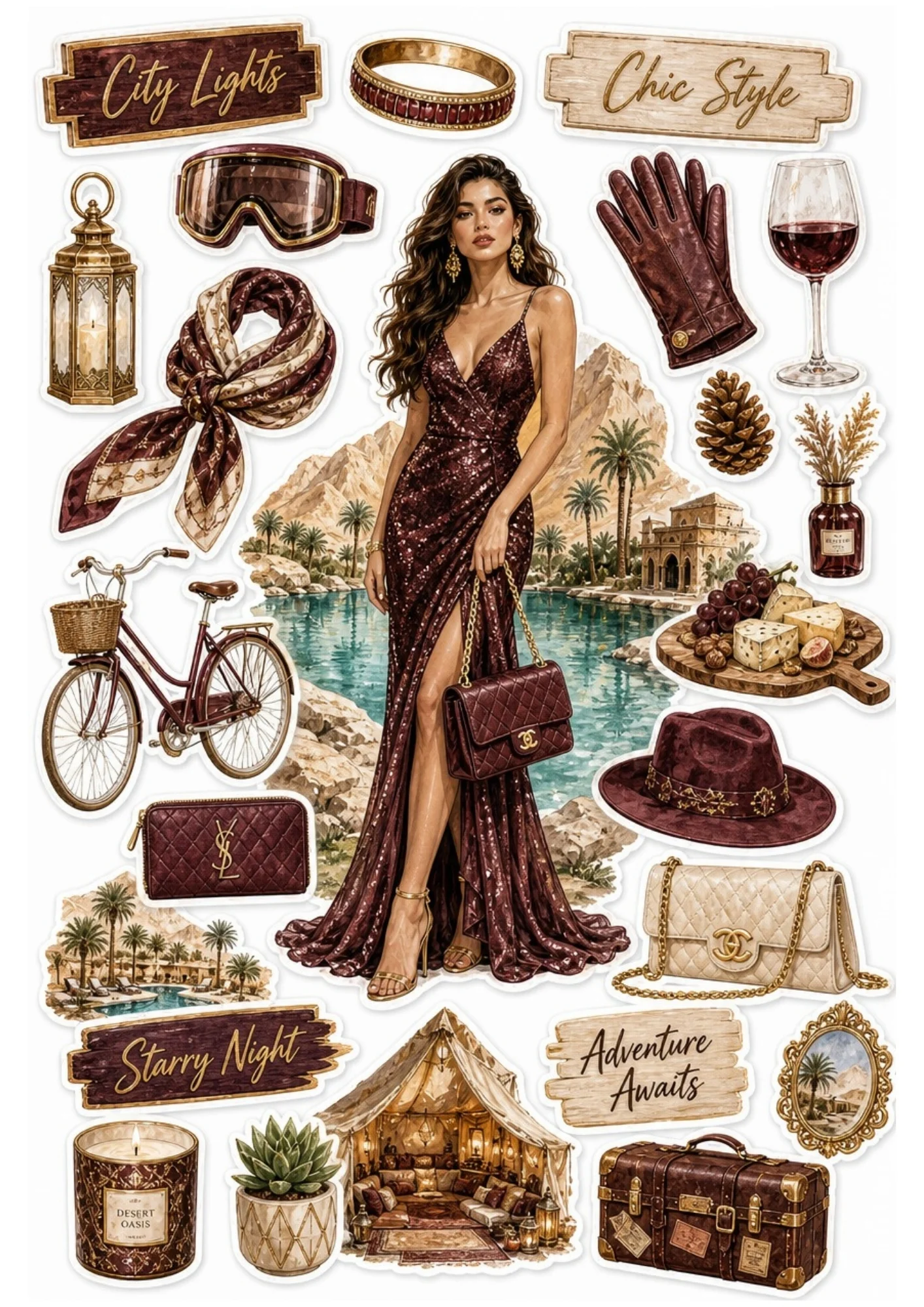 Printable sticker sheet featuring a woman in a sparkling burgundy gown by an oasis lake, burgundy leather bike, glamping tent interior, and cheese board.