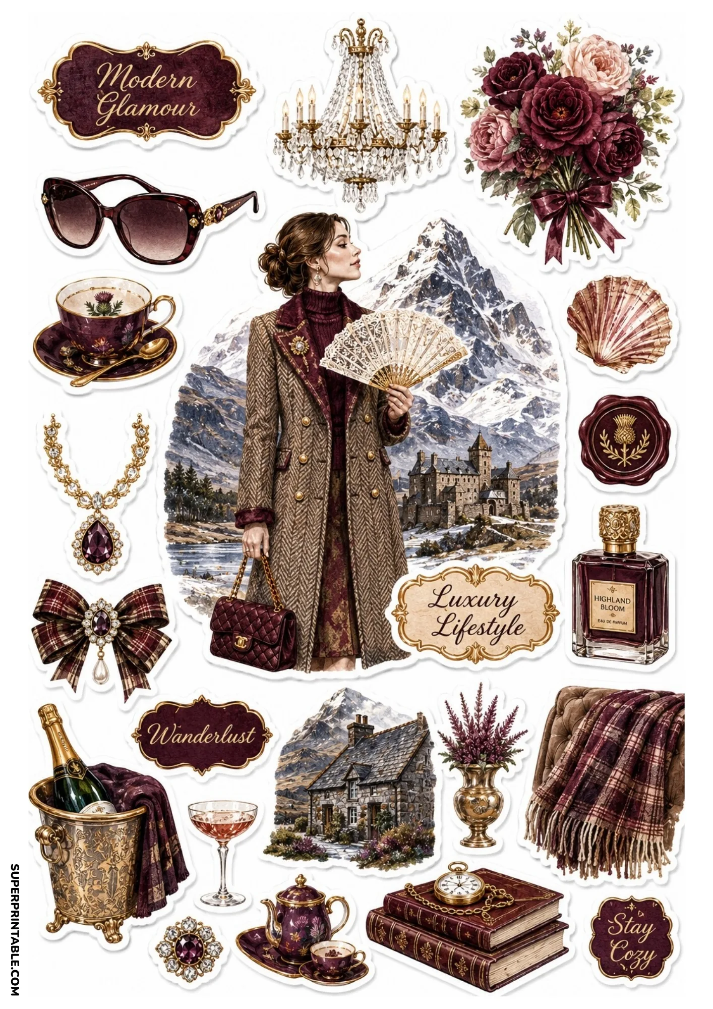 Burgundy and gold sticker sheet with a woman in a tweed coat, Highland Bloom perfume, champagne, and snowy mountain peaks.