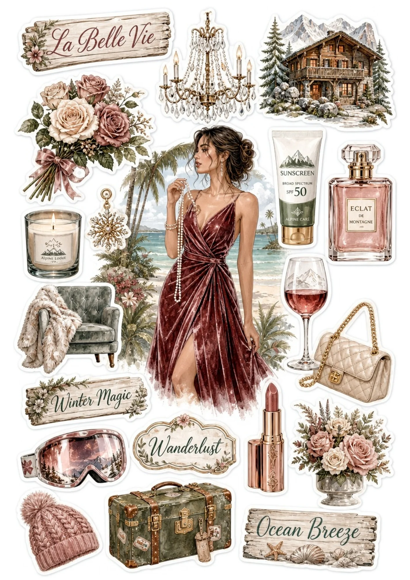 A burgundy and beach sticker sheet showing a woman in a velvet gown, tufted armchair, pink beanie, and olive green trunk.
