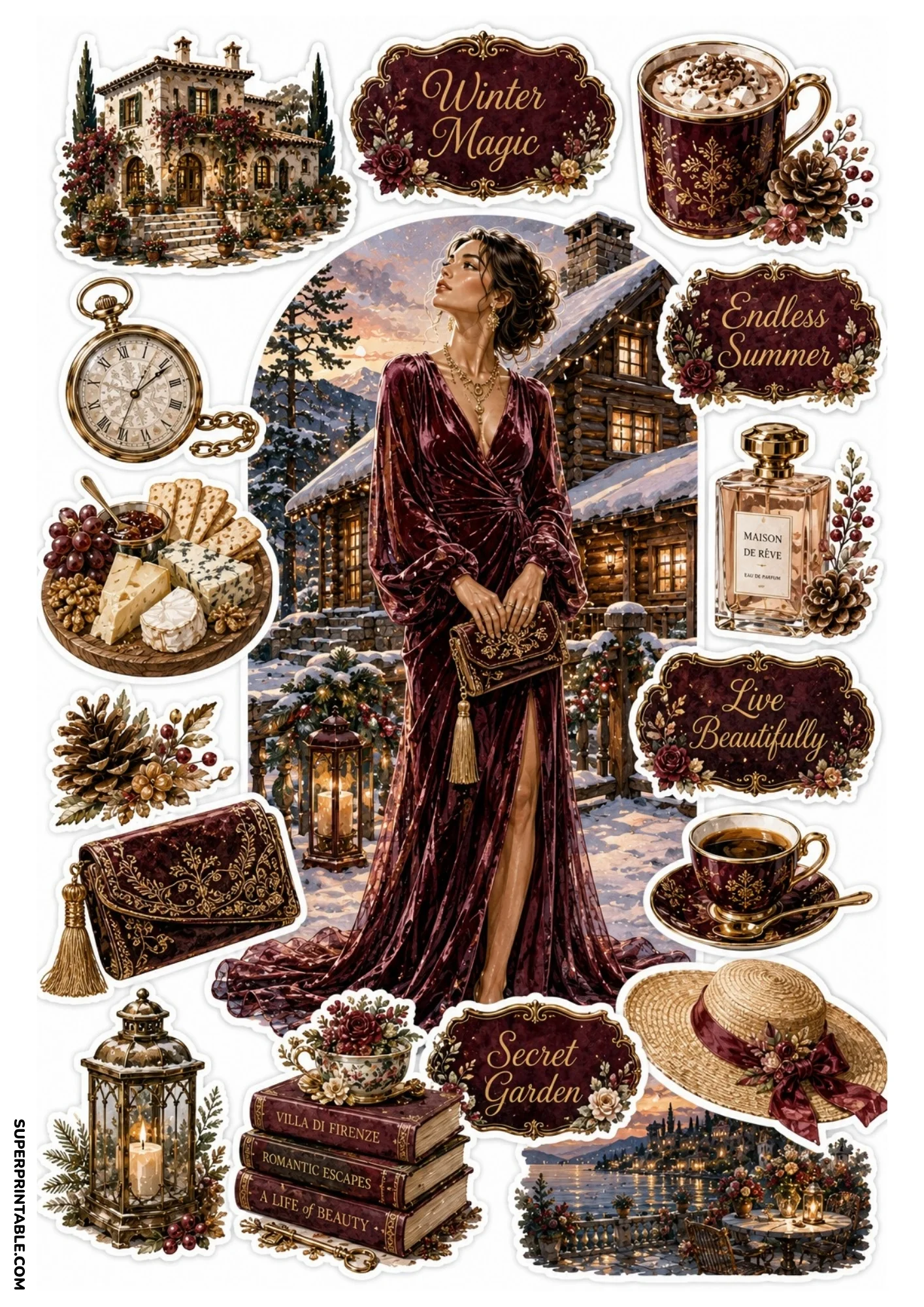 Printable sticker sheet with a woman in a burgundy velvet gown outside a snowy wooden lodge, cheese platter, velvet clutch, hot cocoa, and straw sun hat.