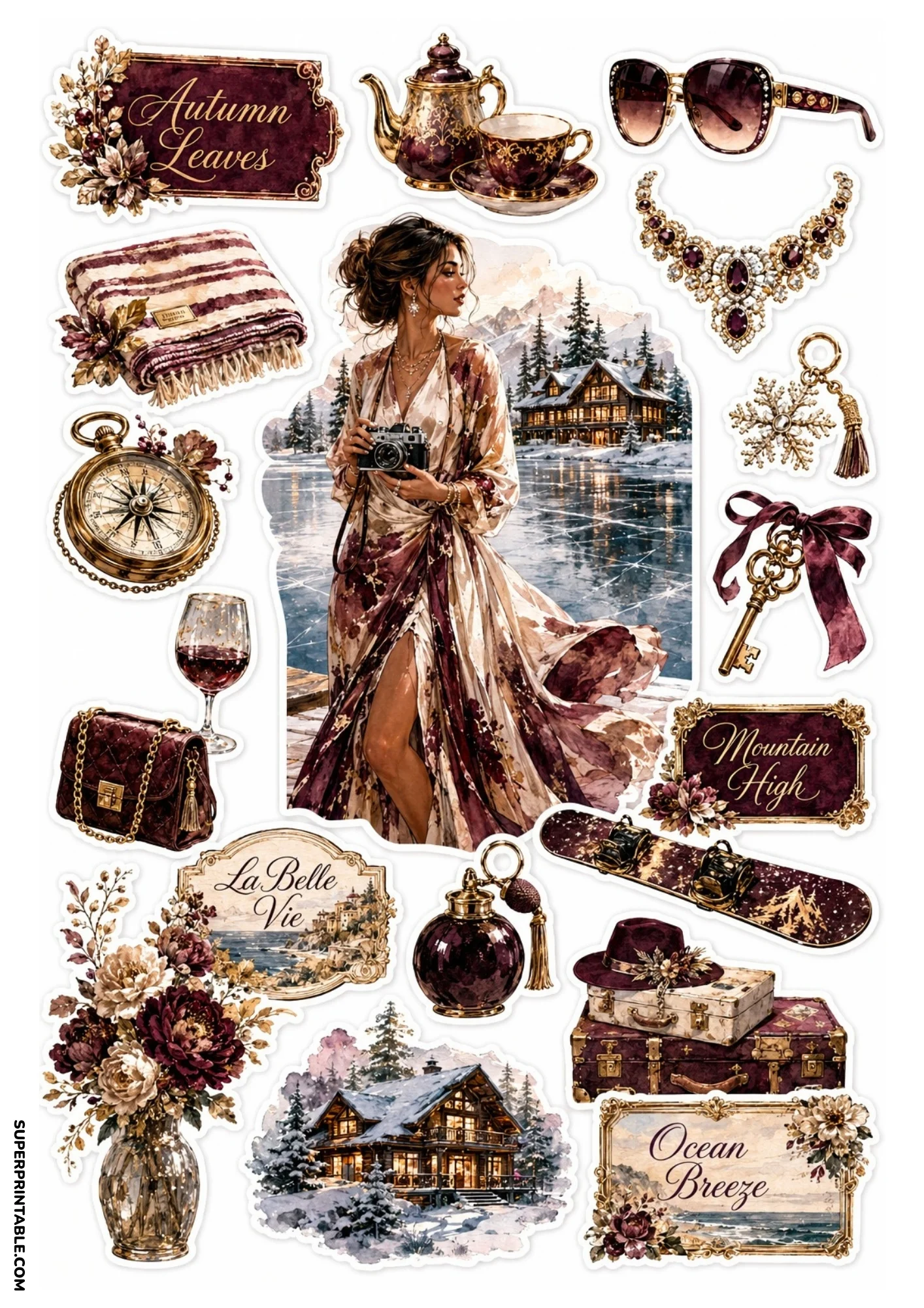 Printable sticker sheet showing a woman with a camera near a winter lake lodge, surrounded by vintage suitcases, autumn floral bouquet, teapot, and snowboard stickers.