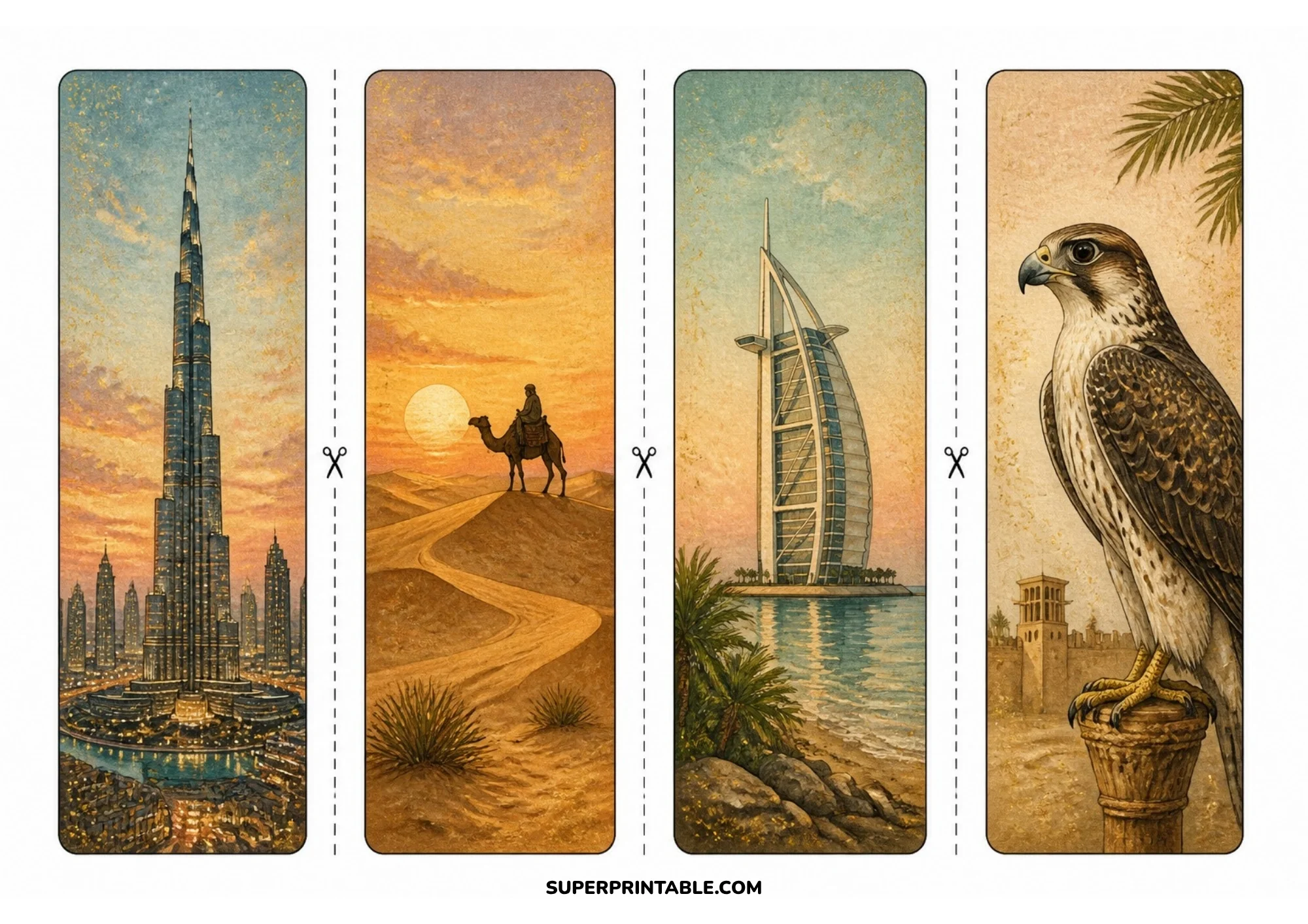 Sheet of 4 watercolor bookmarks depicting the Burj Khalifa skyscraper at sunset, a desert camel rider, Burj Al Arab hotel, and a falcon perched on wood.