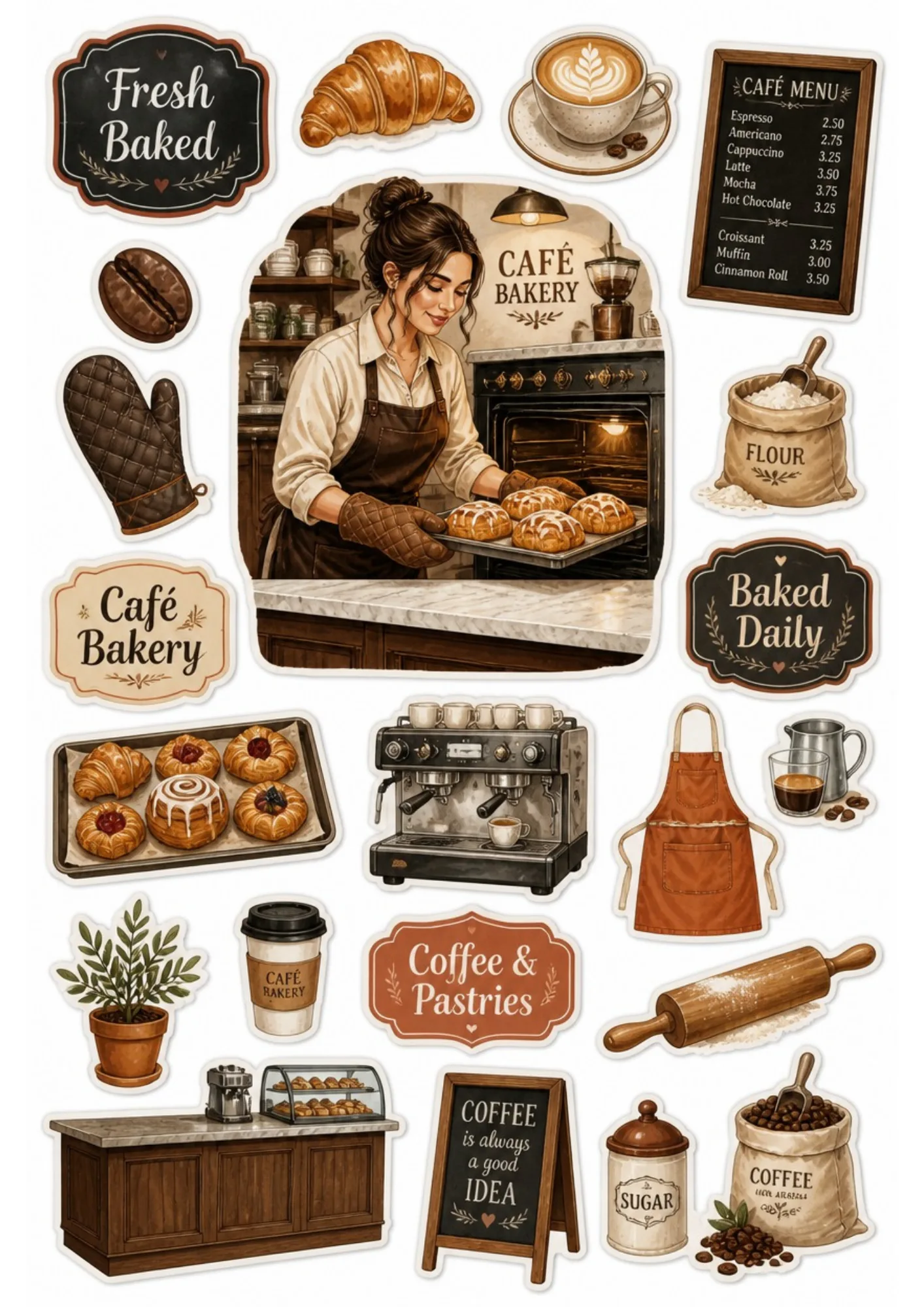 Café bakery sticker sheet displaying a baker taking fresh pastries out of the oven, surrounded by cafe menu, espresso machine, croissants, and flour sacks.