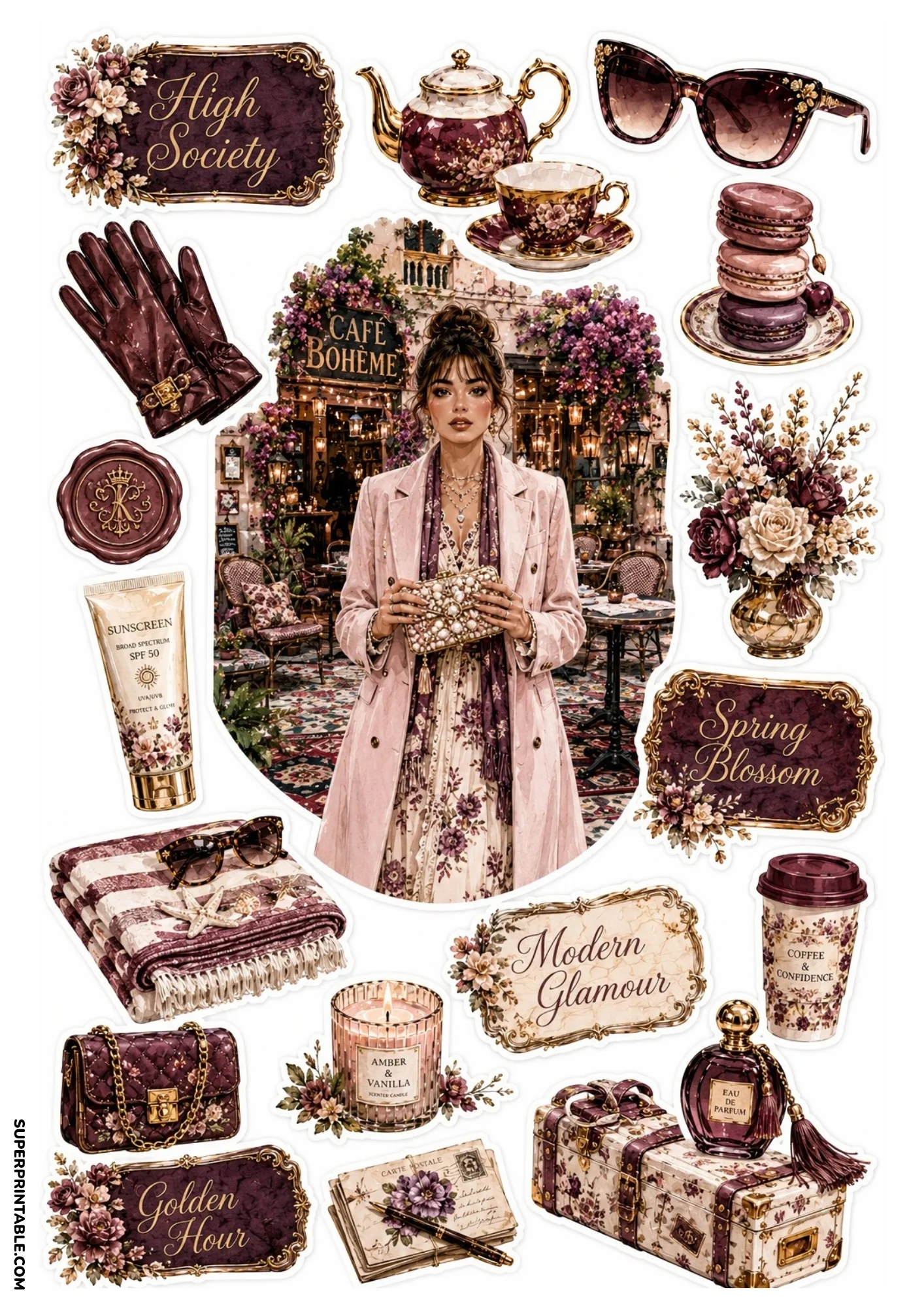 Printable sticker sheet featuring a woman outside a Parisian cafe boheme, accompanied by stacked macarons, coffee cup, floral arrangements, and pink leather gloves.