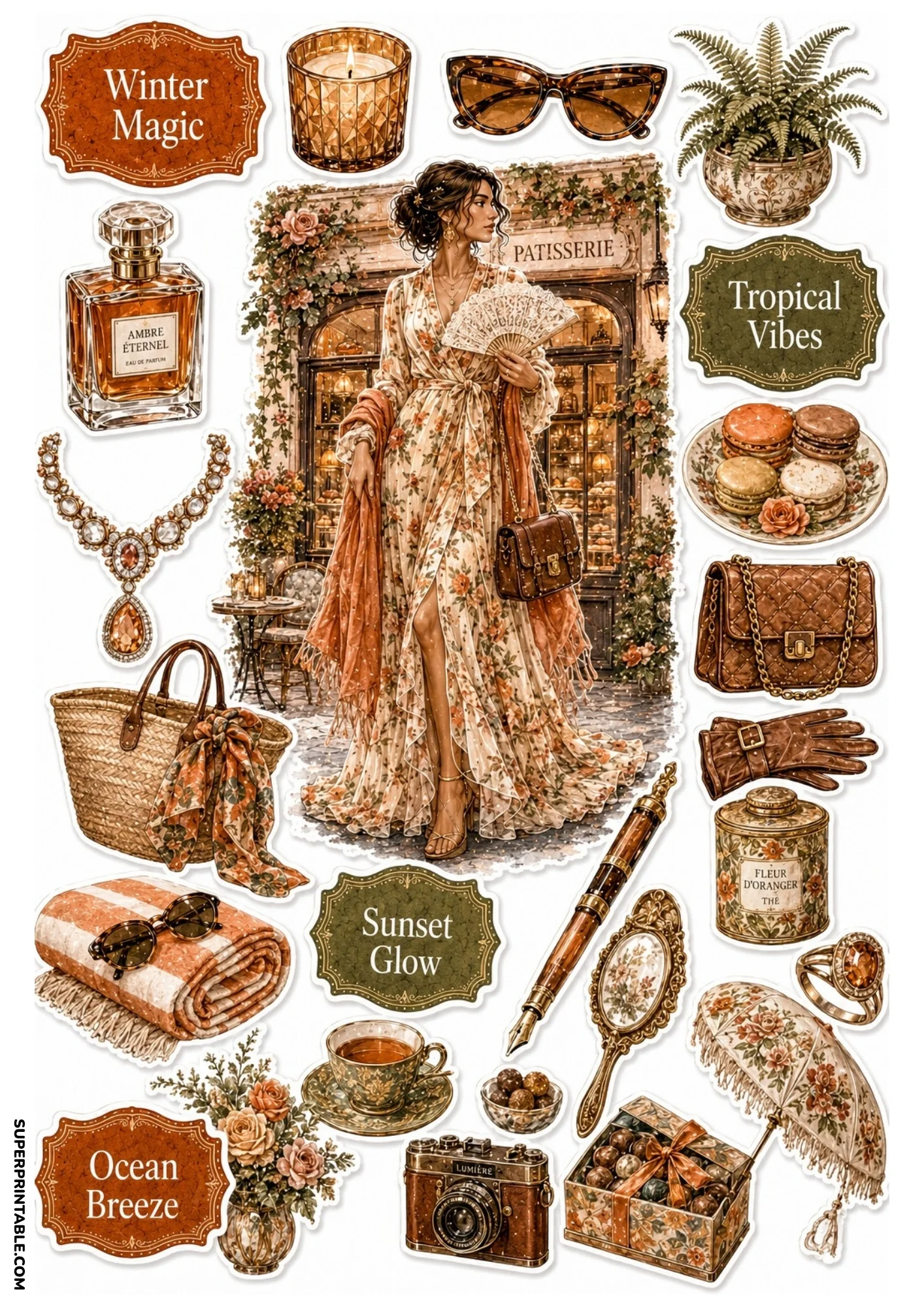 Printable sticker layout featuring a woman holding a lace fan outside a floral café storefront, surrounded by wicker baskets, macarons, perfume bottles, and vintage cameras.