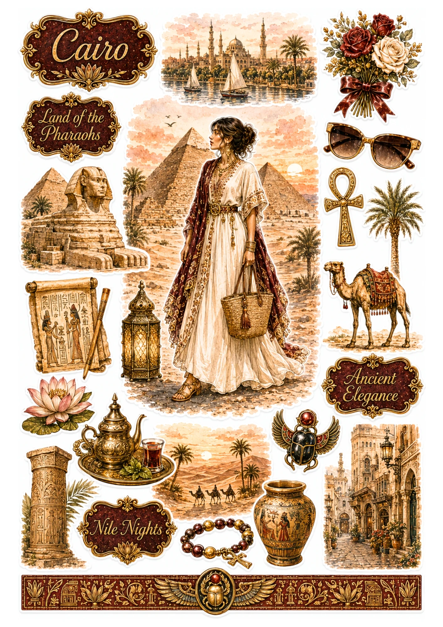 Cairo sticker collection featuring a woman in a white linen gown at the Great Pyramids, Sphinx, Ankh key, and winged scarab.