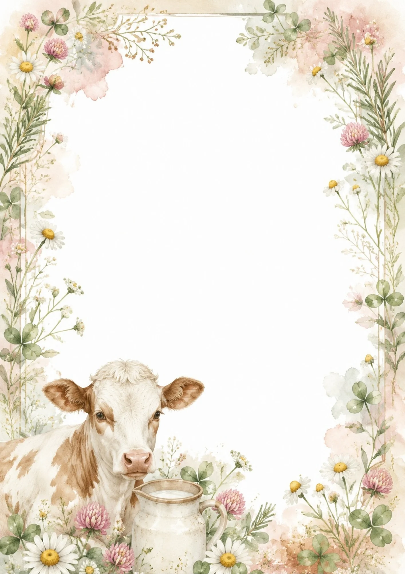 Delicate watercolor border illustrating a young calf resting next to a ceramic milk pitcher, surrounded by pink clover and white wildflowers.