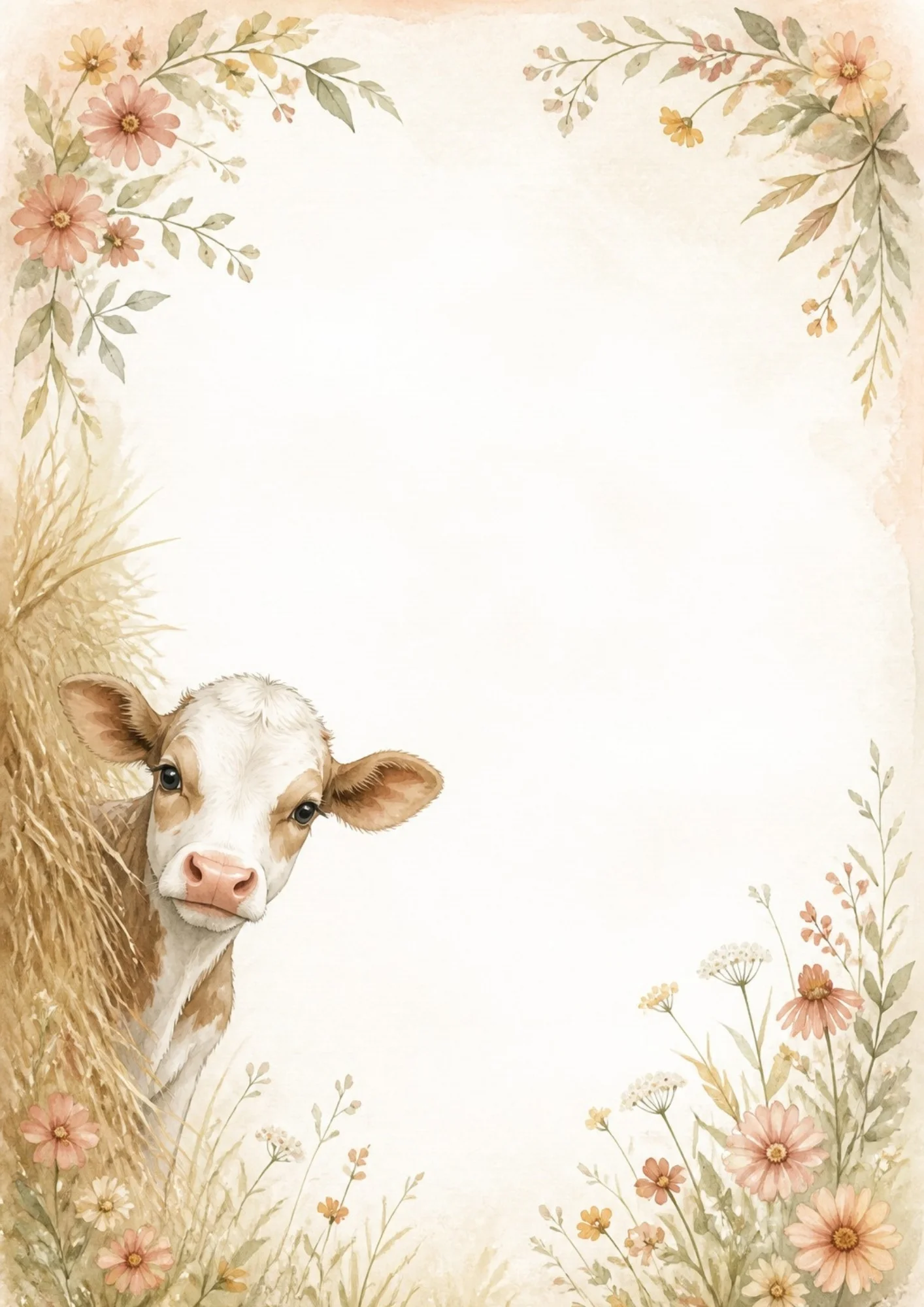 Cute watercolor border illustration of a calf peeking around a hay bale, framed by pink wildflowers and green foliage.
