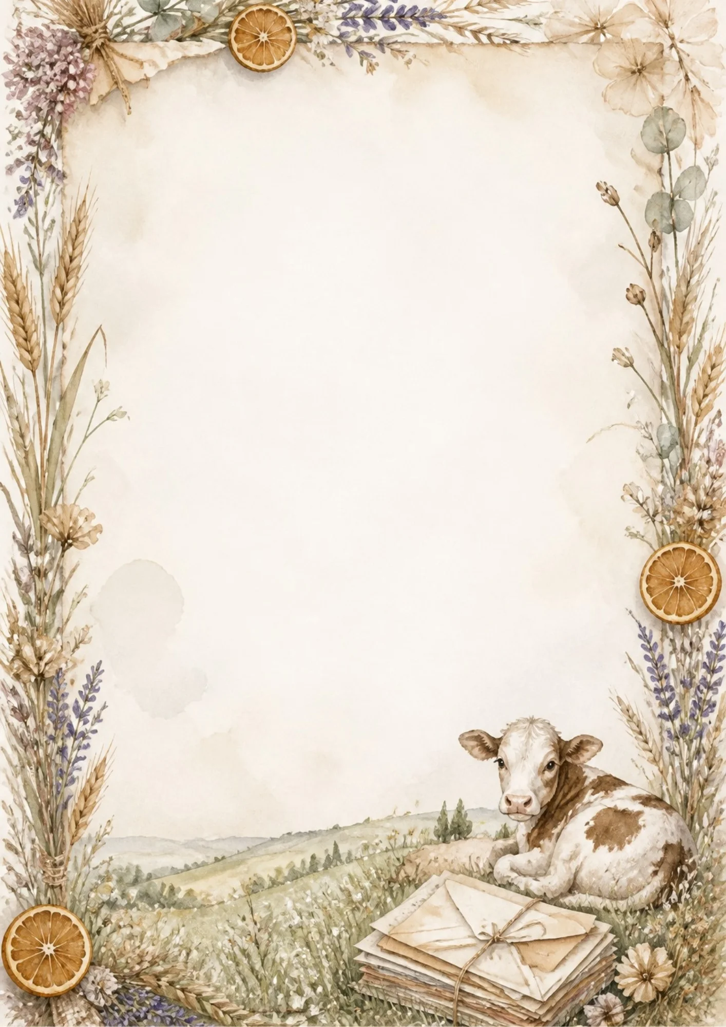 Warm-toned watercolor page border showing a calf lying near a stack of tied letters, framed by dried lavender, wheat ears, and orange slices.