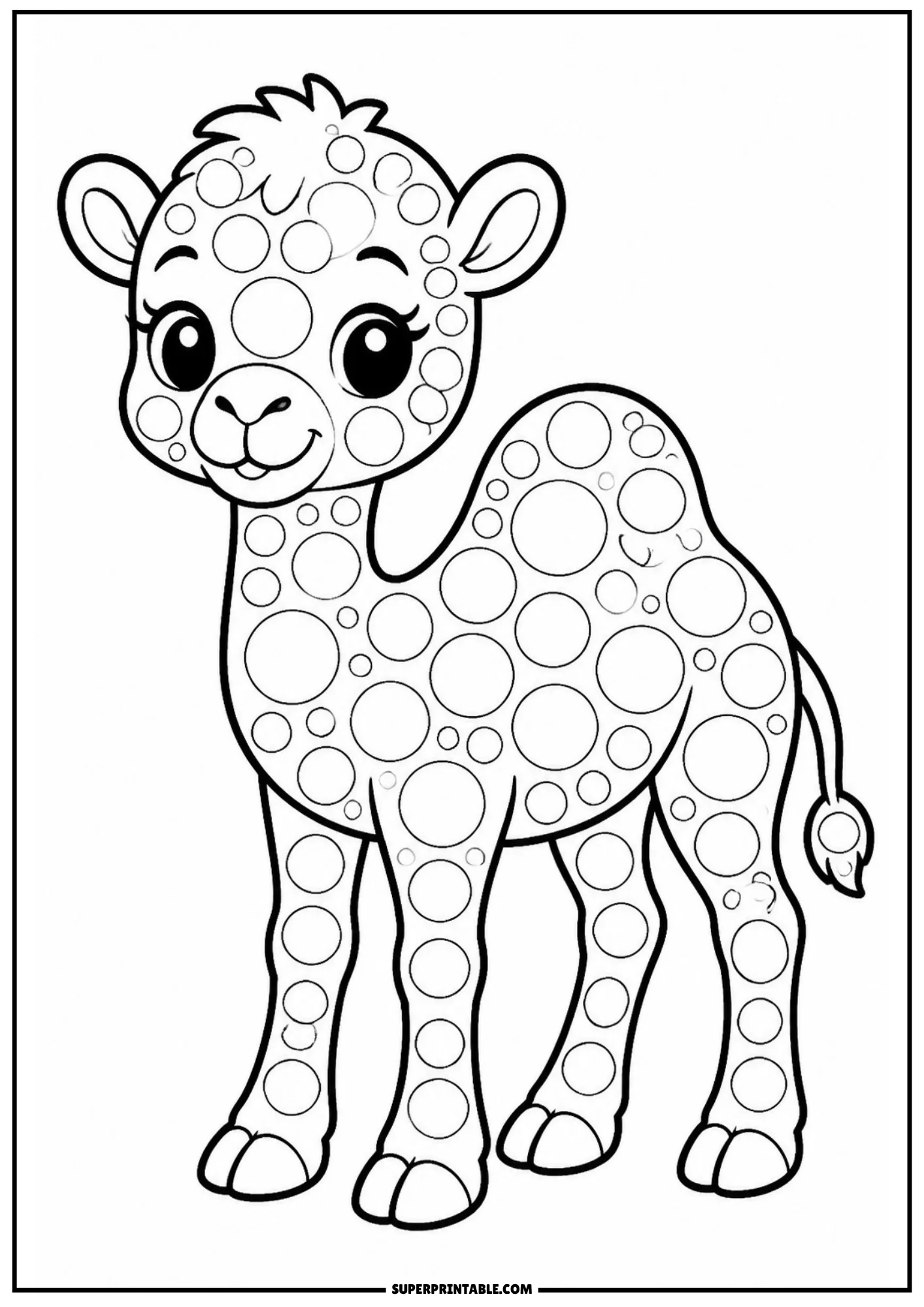 A cute cartoon baby camel standing on all fours with a single hump, covered in circular dot markers.