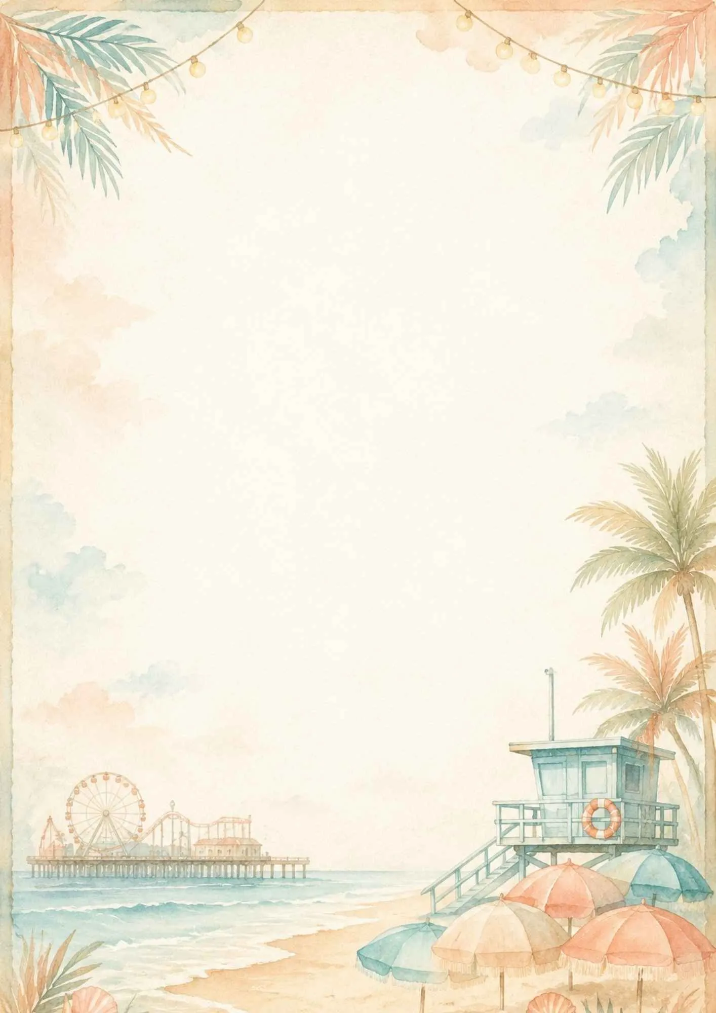 A historic writing page showing the camera obscura tower near Santa Monica beach in watercolor.