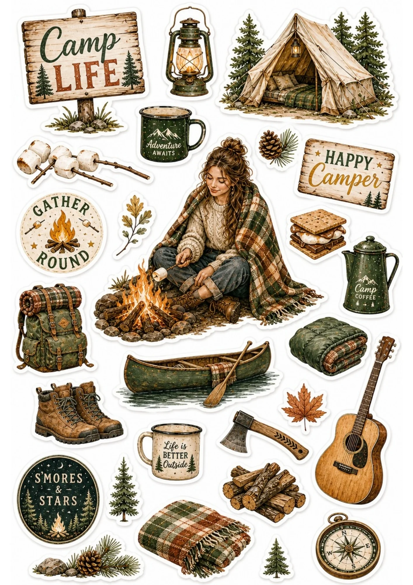 A girl roasting marshmallows over a campfire near a lake. Surrounding stickers include canvas tents, canoes, acoustic guitars, hiking boots, and text saying 'Camp Life' and 'Happy Camper'.