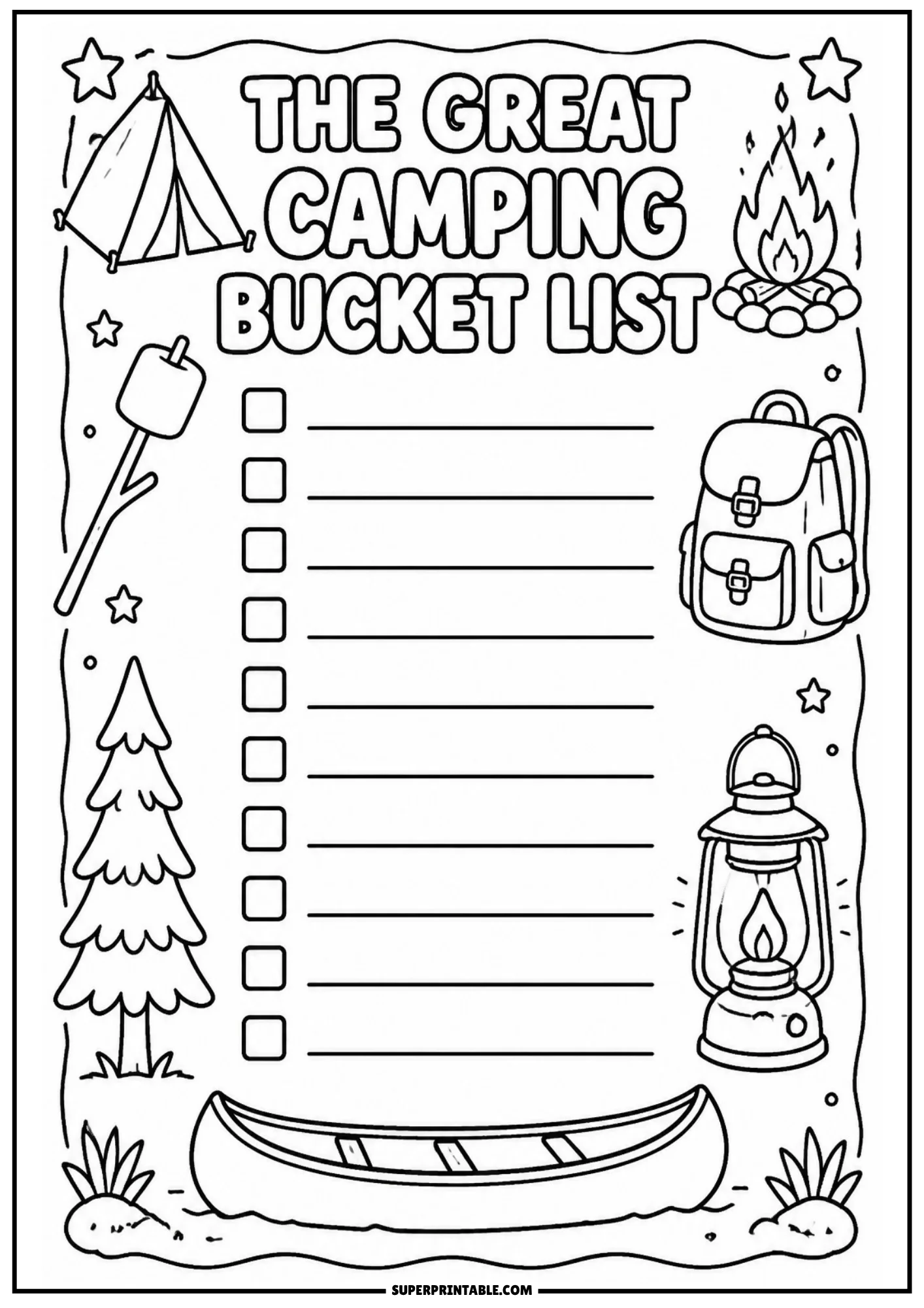 Printable camping bucket list coloring sheet with 10 lines, a tent, campfire, roasting marshmallow stick, pine tree, backpack, lantern, and canoe.