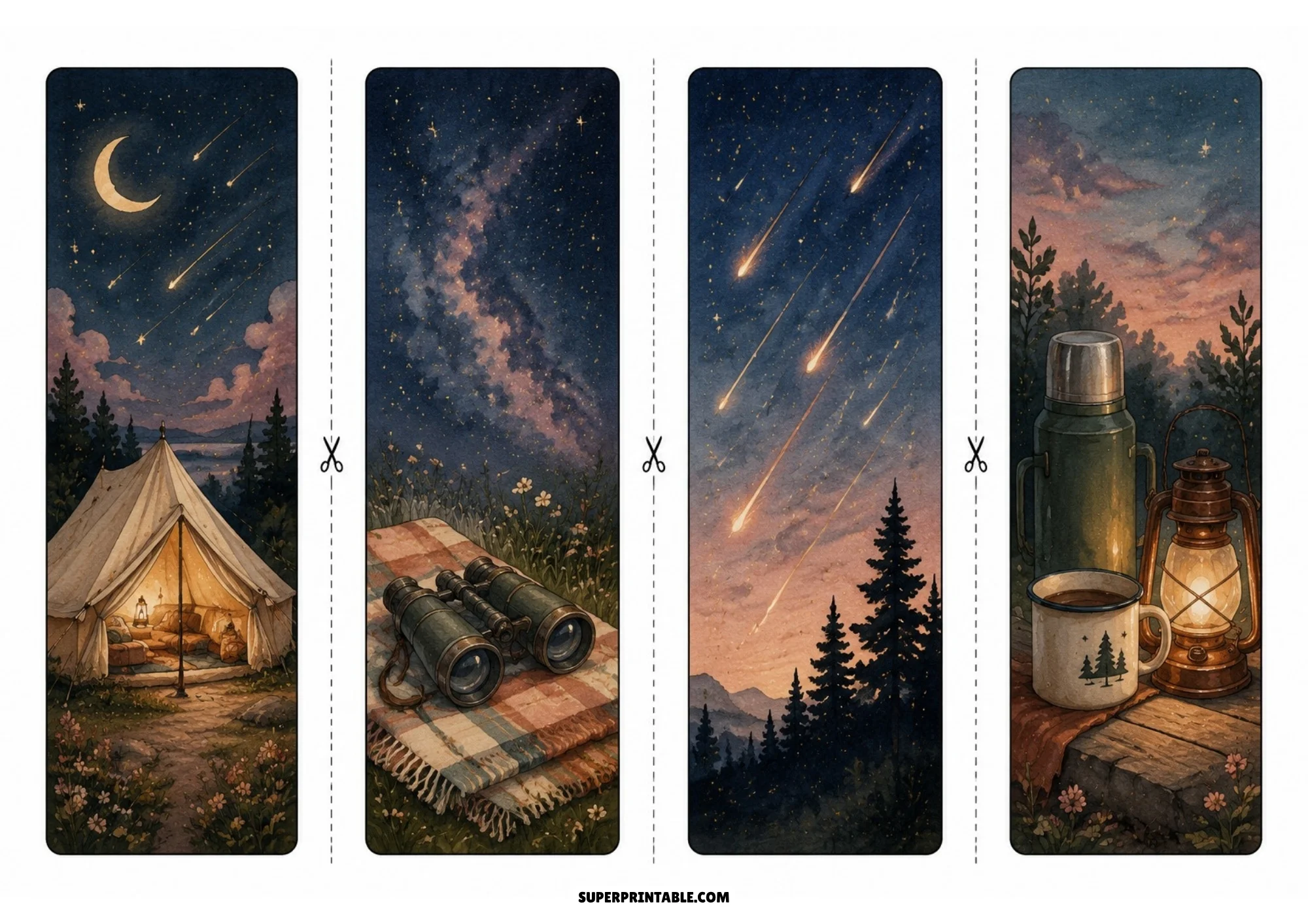 Four printable stargazing bookmarks showing a glowing campsite tent under a crescent moon, field binoculars on a blanket, meteor trails, and a camping lantern.