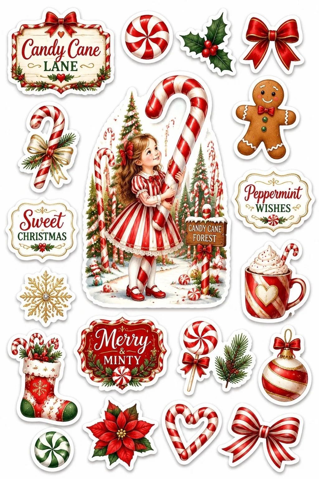Peppermint themed printable sticker sheet featuring a young girl holding a giant candy cane, gingerbread man, hot cocoa mug, poinsettia flower, and decorative holiday candy badges.