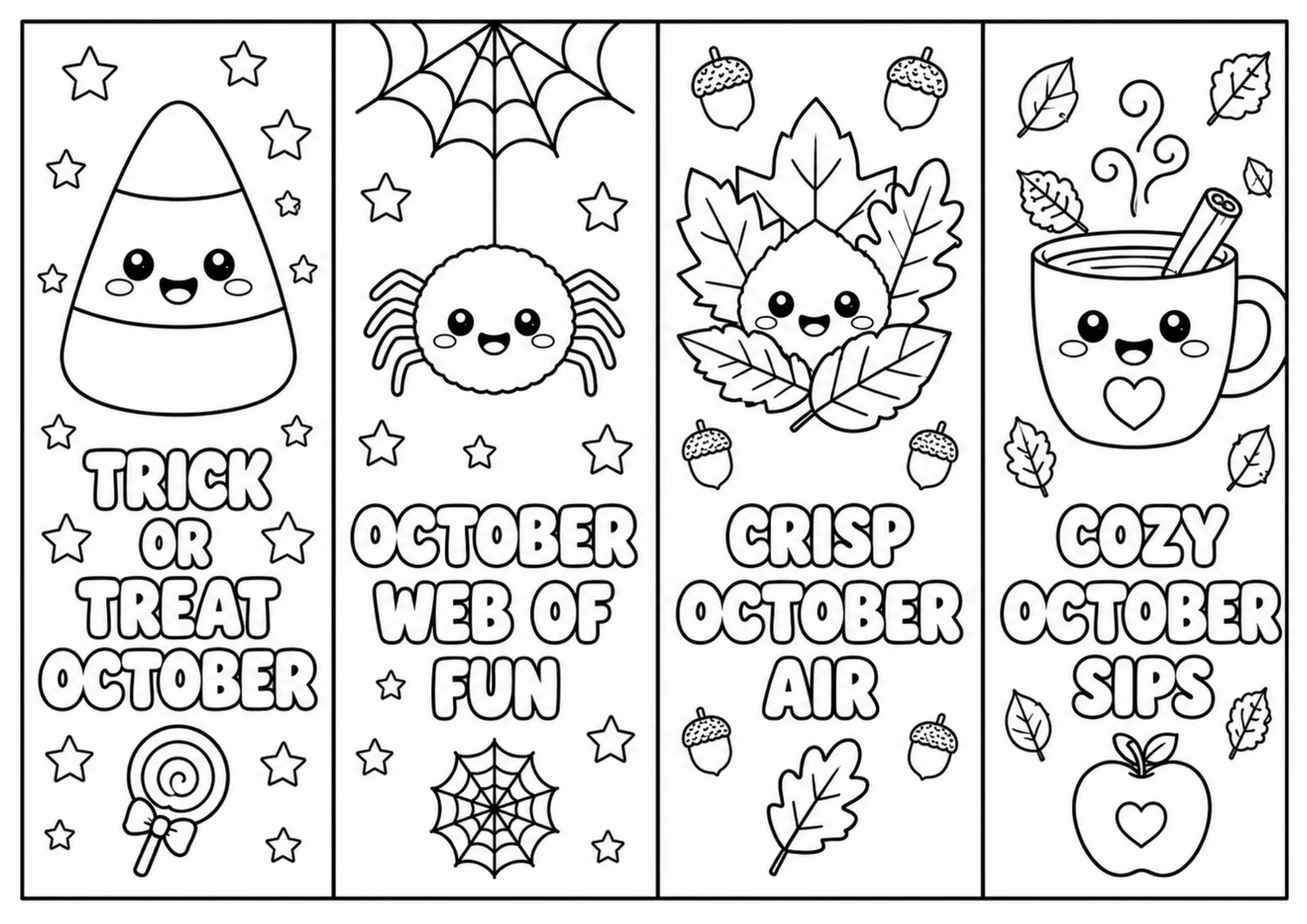Four black and white outline coloring bookmarks showing a smiling candy corn, a cute spider on a web, a smiling fall leaf with acorns, and a cozy mug with steam.