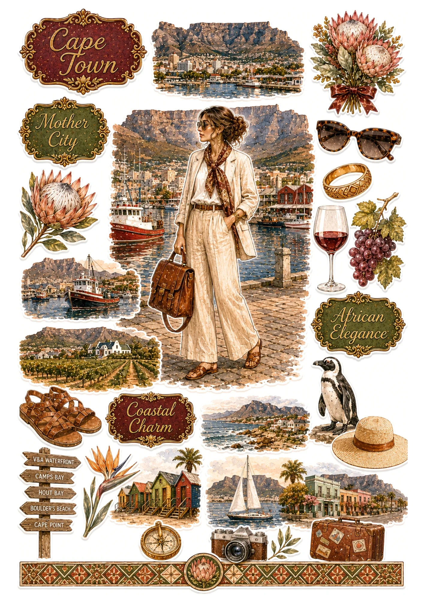 Cape Town sticker sheet depicting a woman in a linen suit at V&A Waterfront with Table Mountain, king protea, and penguin.