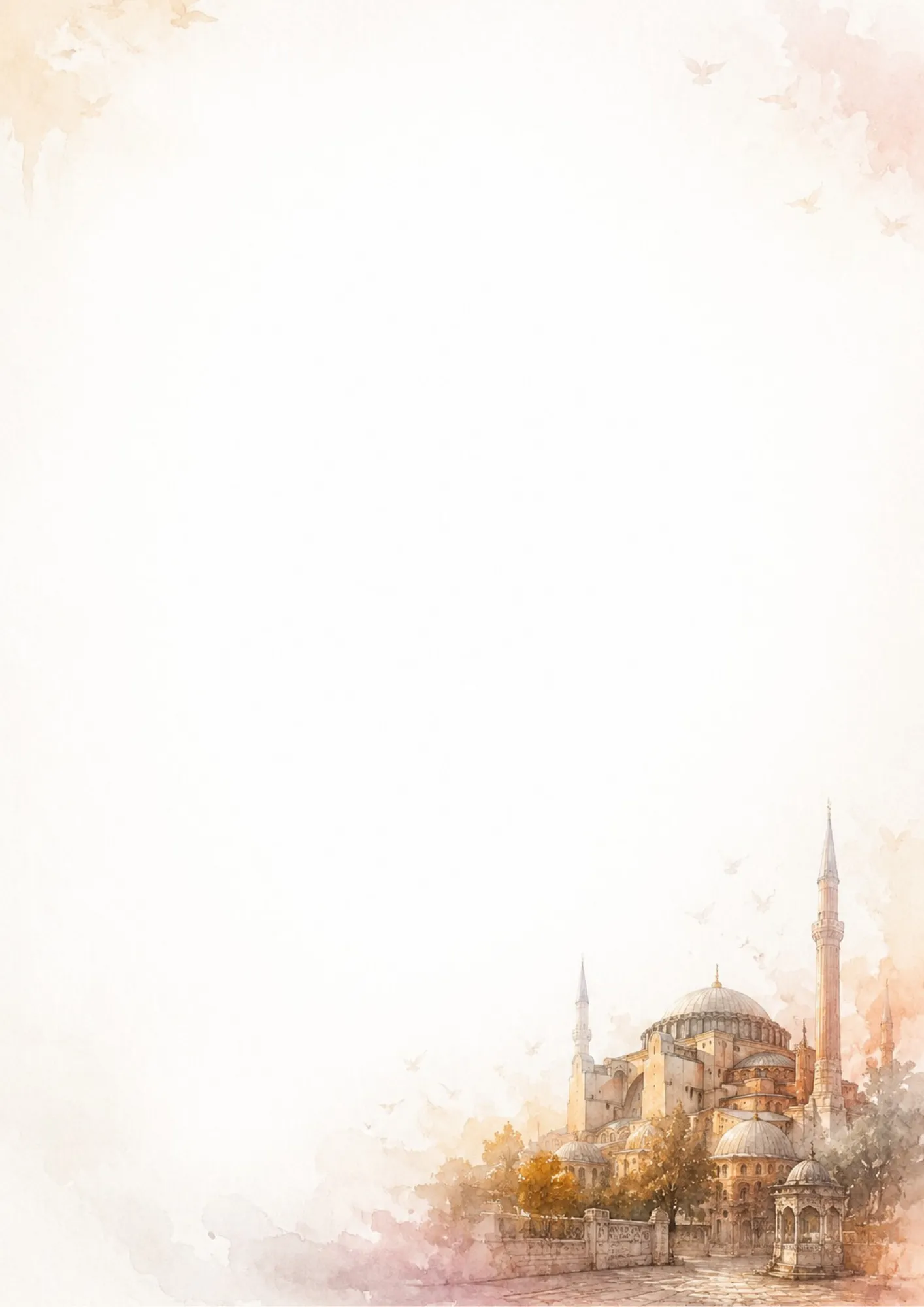 A watercolor border writing page showing colorful hot air balloons floating over the unique rock formations and fairy chimneys of Cappadocia, Turkey.