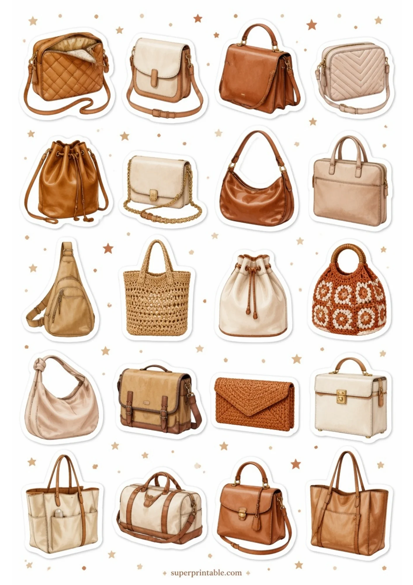 A sheet of 20 designer handbag stickers in rich caramel brown and cream, featuring envelope clutches, bucket bags, and shoulder bags.