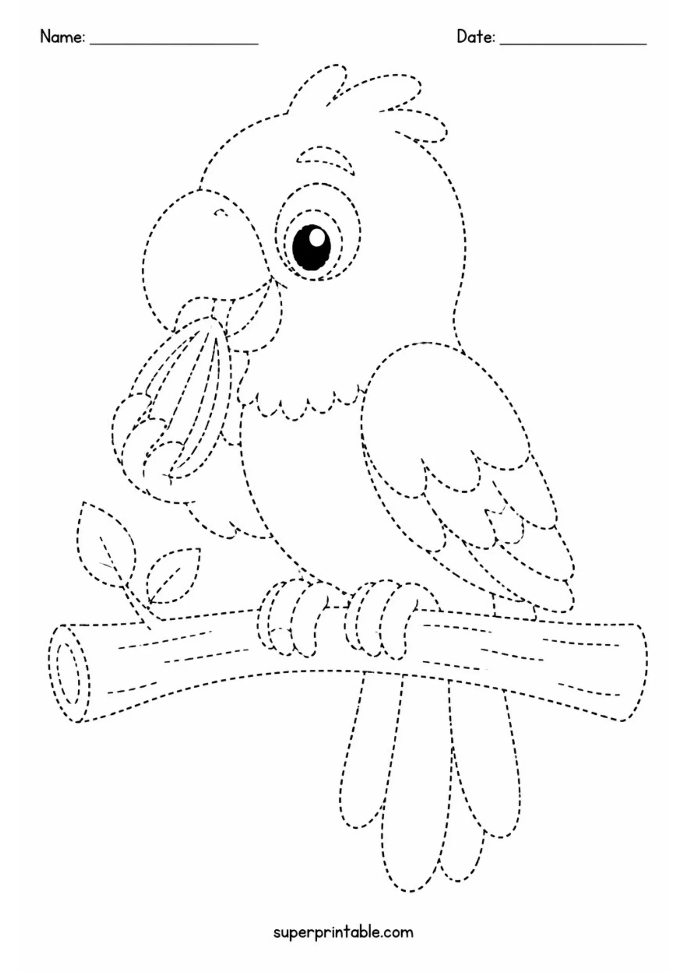 Black and white activity sheet showing a cartoon parrot perched on a branch while holding a sunflower seed in its claw, rendered in dotted tracing lines.