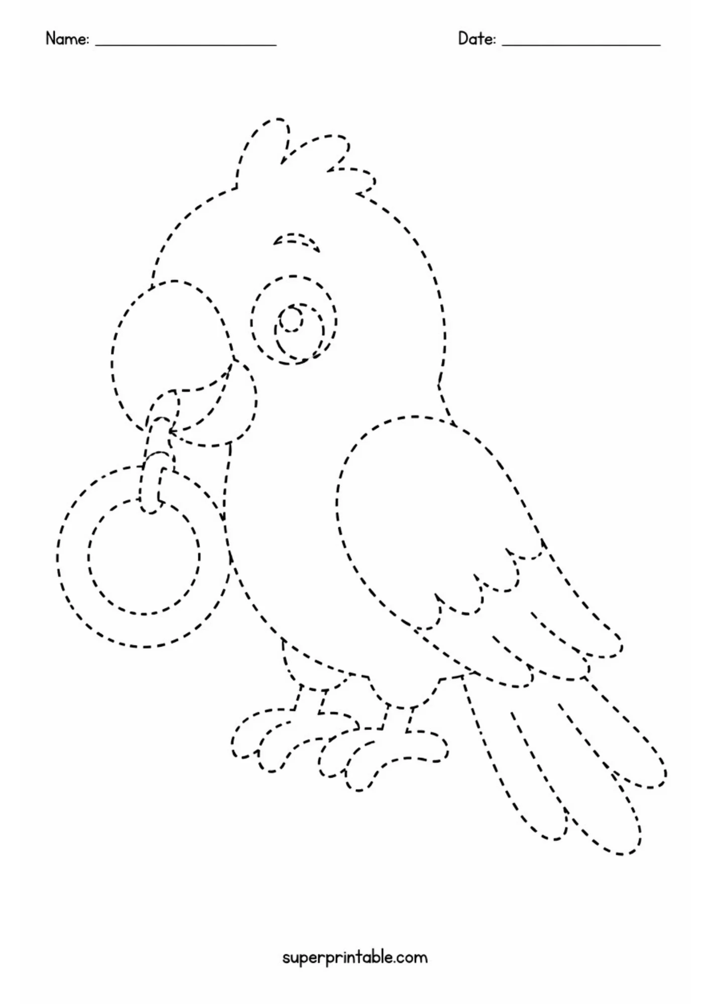 Printable line tracing worksheet depicting a cartoon parrot holding a circular ring toy in its curved beak, outlined with dashed tracing lines.