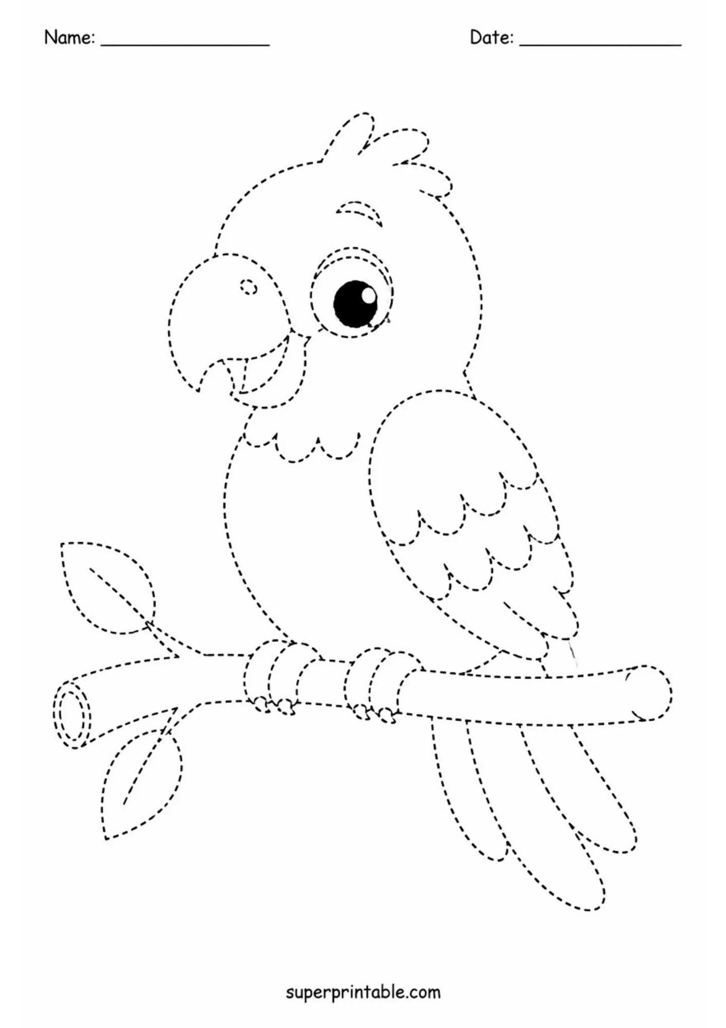 Black and white printable activity sheet featuring a cartoon parrot with a crest perching on a leafy tree branch outlined with dotted tracing lines.
