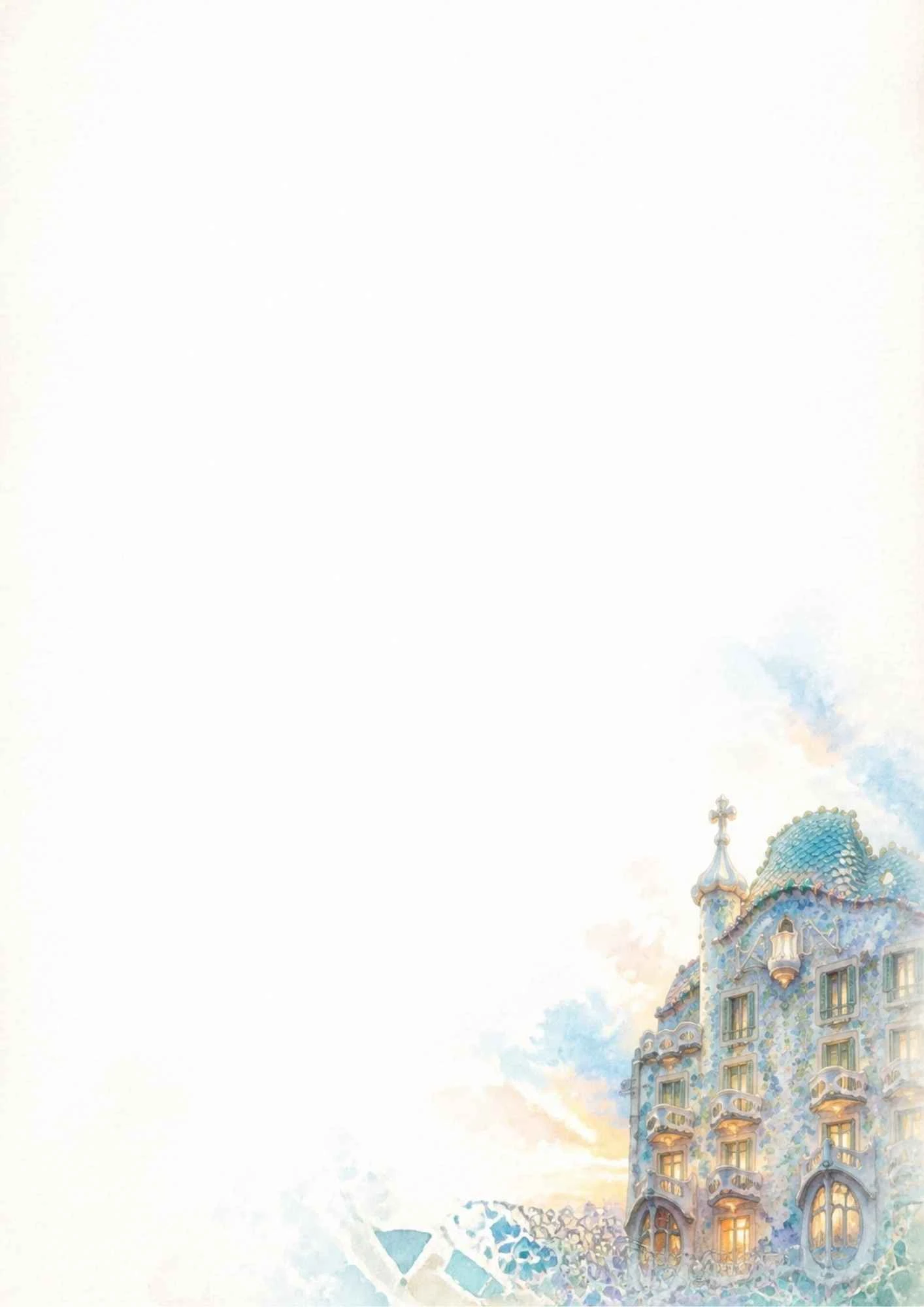 A watercolor depiction of the Casa Batllo facade with its bone-shaped balconies, mosaic walls, and colorful roof.