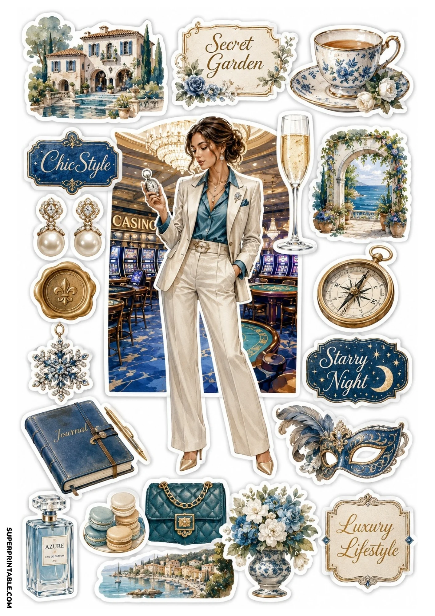 Printable sticker collection featuring a woman in a cream suit at a casino, blue leather journal, perfume bottle, champagne glass, villa, and decorative labels.