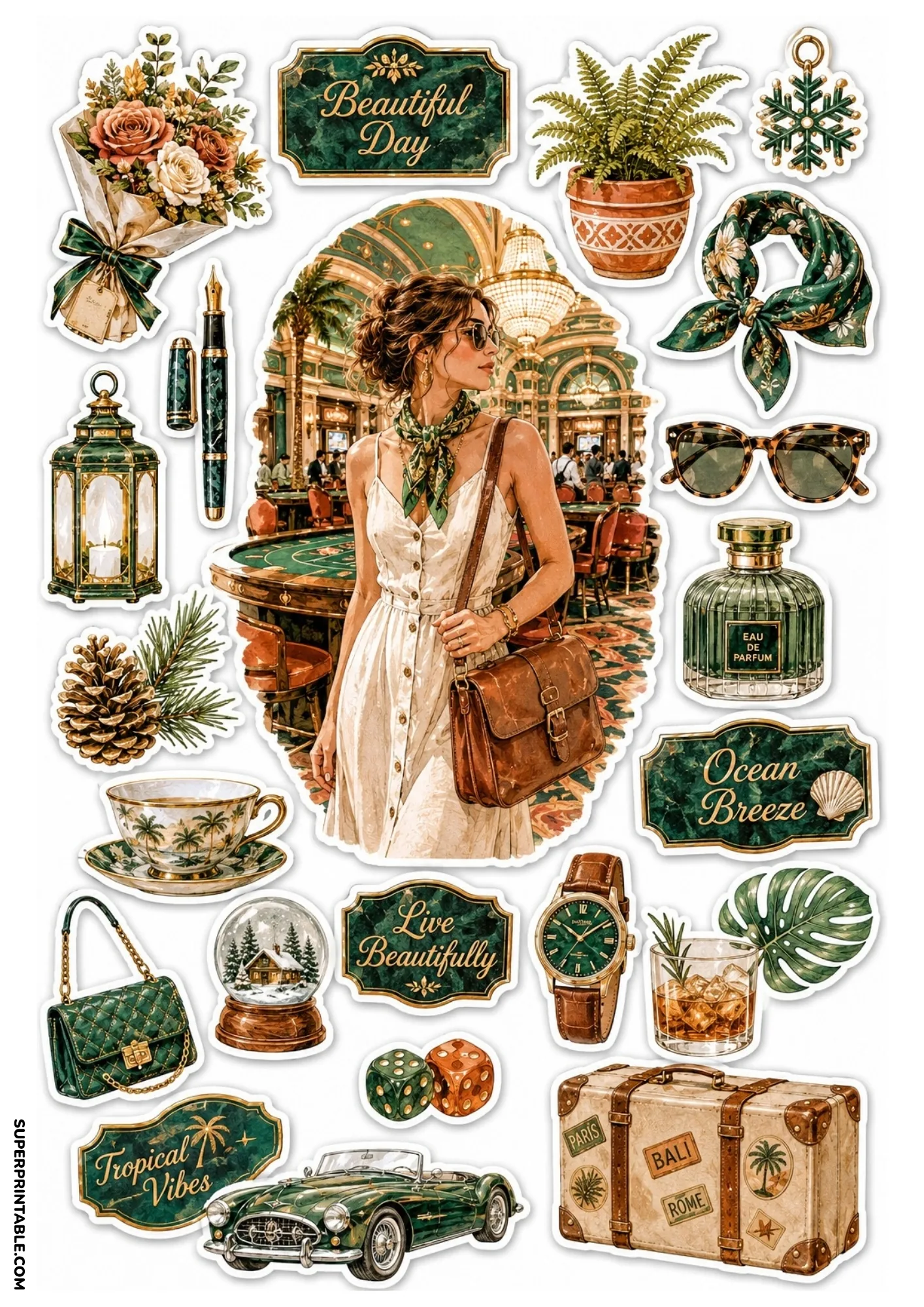 Sticker sheet showcasing a woman in a white dress at a grand casino resort surrounded by green marble signs and resort accessories.
