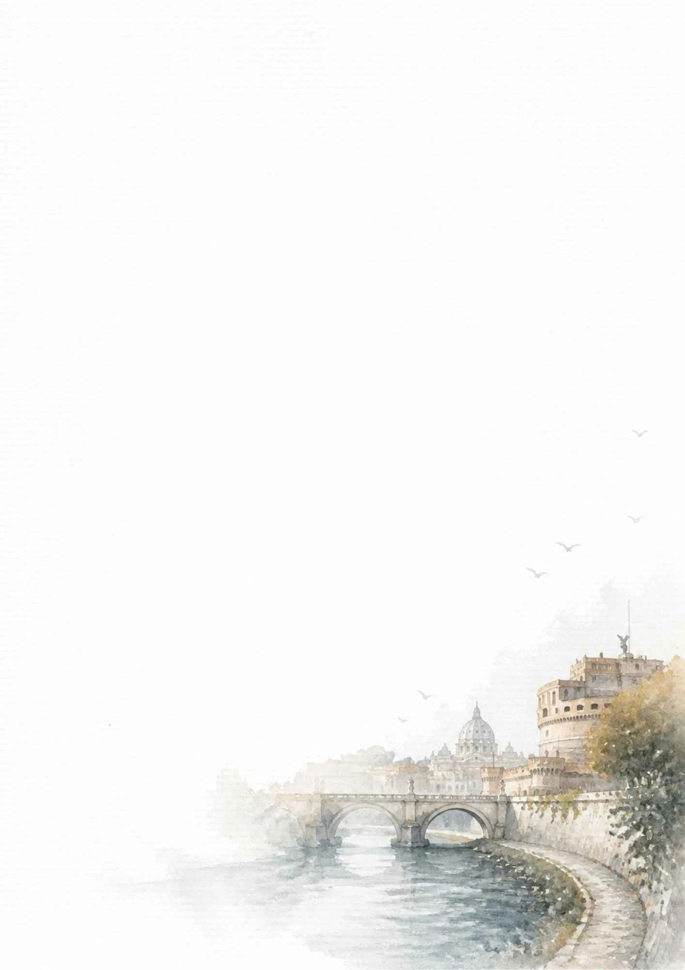 A watercolor painting of Castel Sant'Angelo and the stone bridge over the Tiber River.
