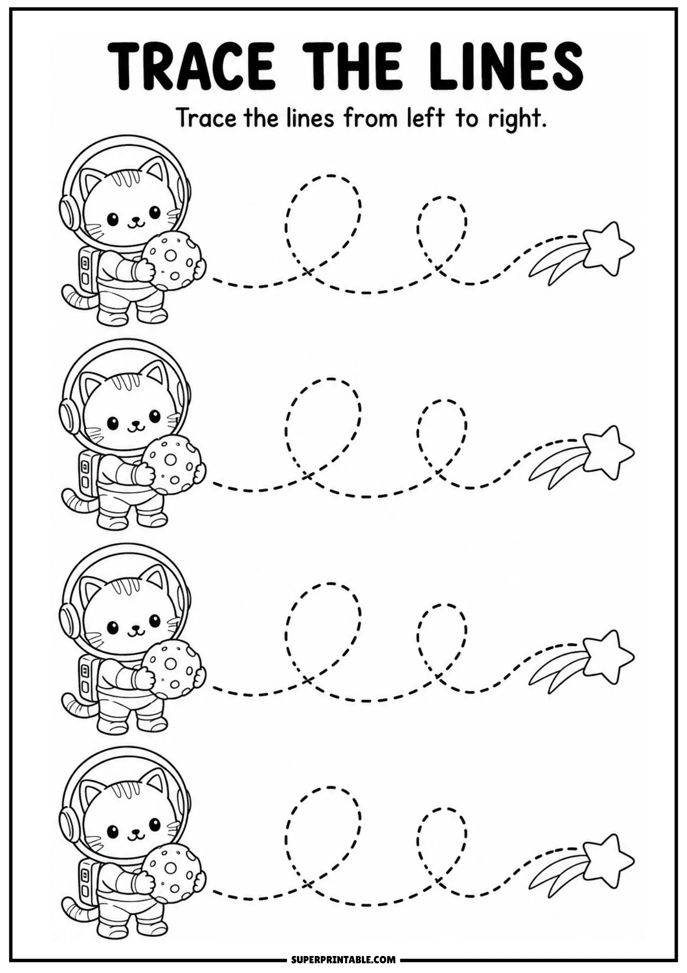 Black and white line tracing activity with cat astronauts holding moons and curved looping dashed paths to shooting stars.