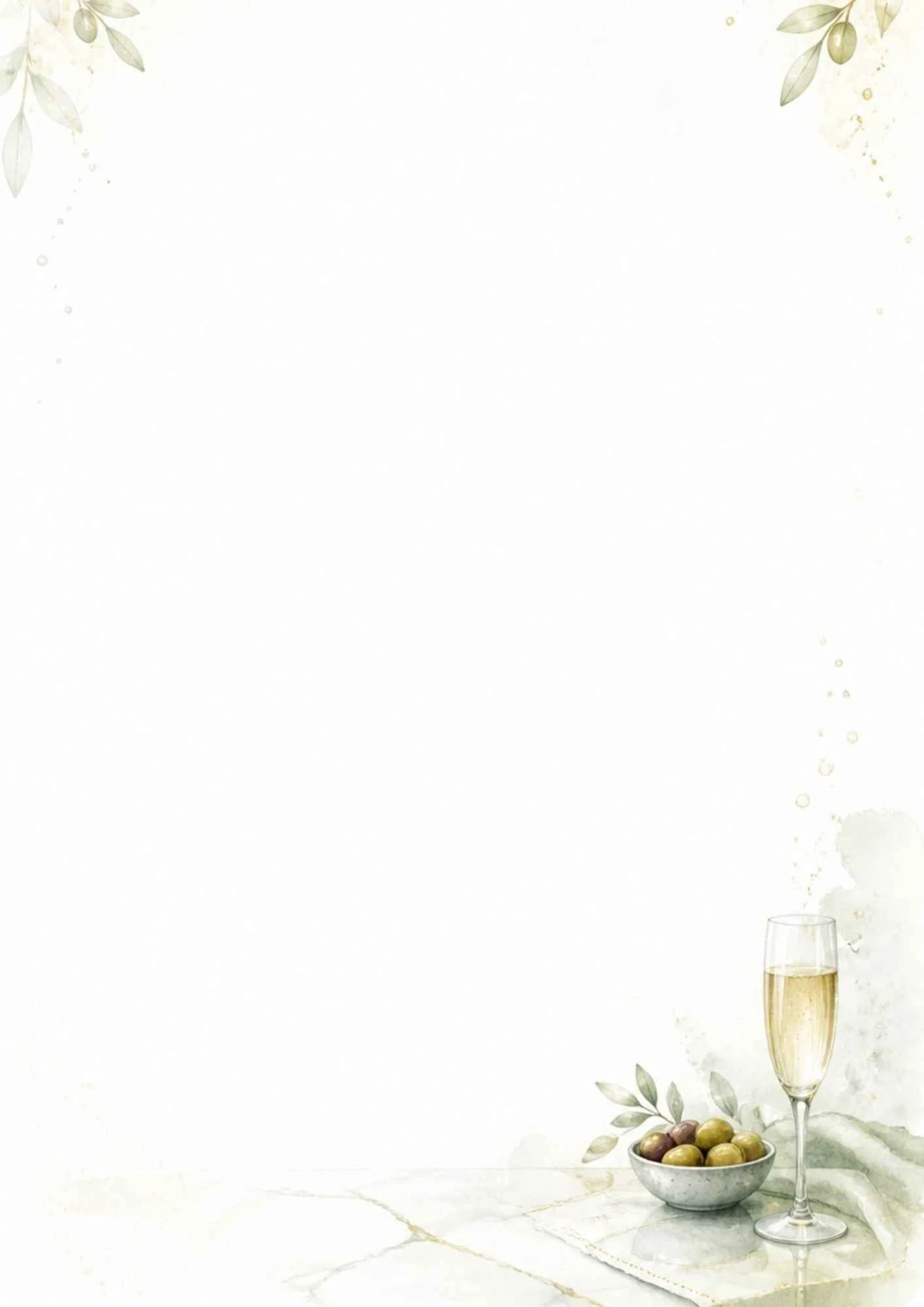 A watercolor illustration of a glass of bubbly Cava next to a small bowl of olives and olive leaves on a table.