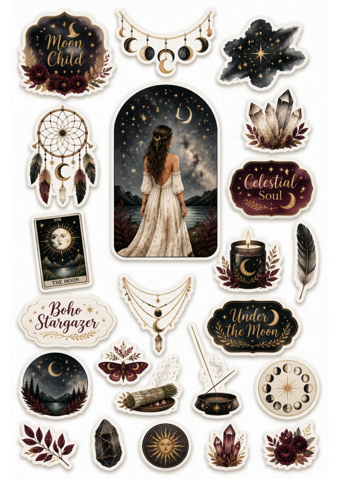 Celestial moon child sticker sheet showing a woman in a white gown stargazing at the night sky surrounded by moon phase wheels, dark candle, and starry badges.