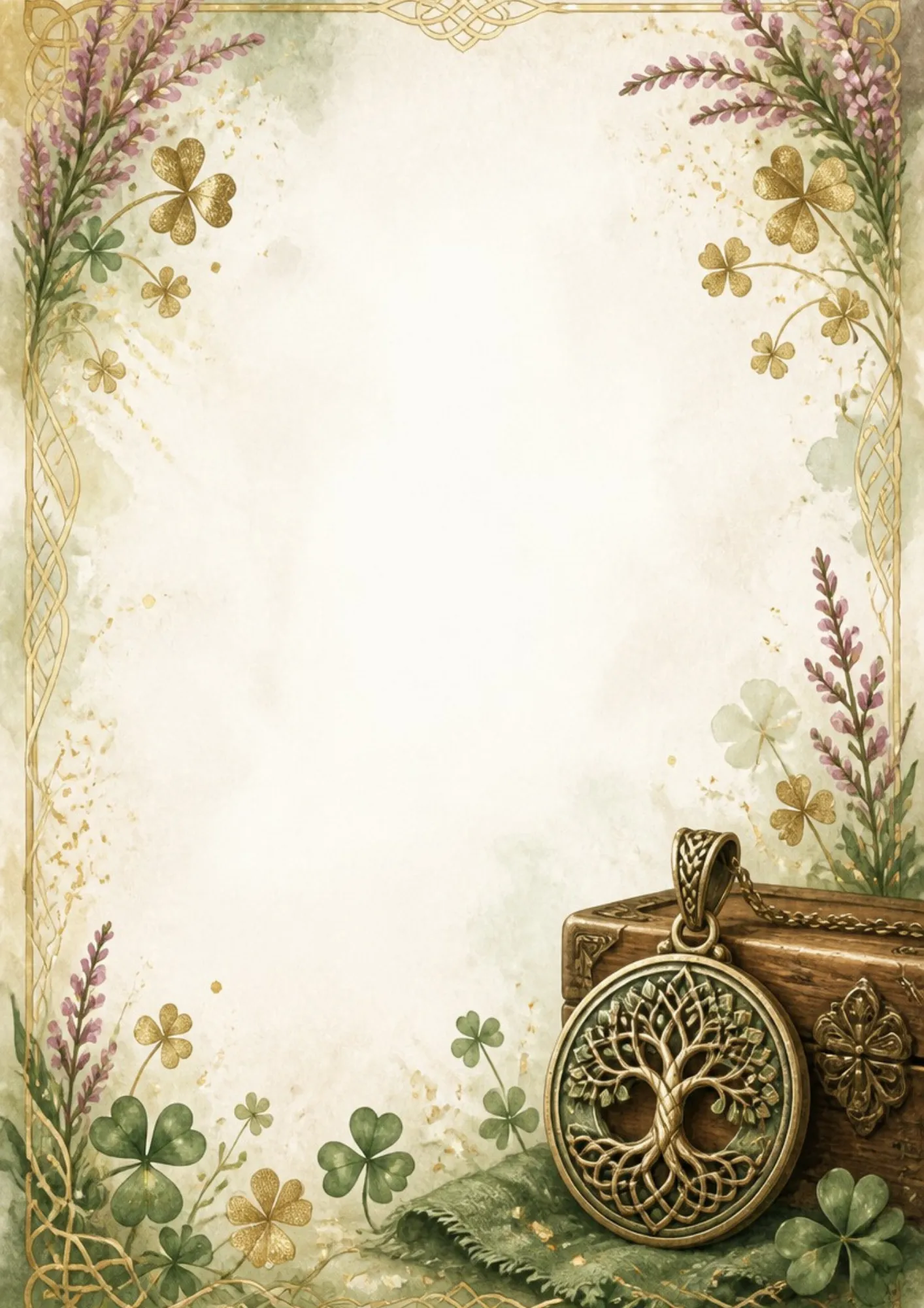 A rustic writing page featuring a bronze Celtic Tree of Life circular pendant on a wooden box, surrounded by clovers, purple heather, and Celtic knots.