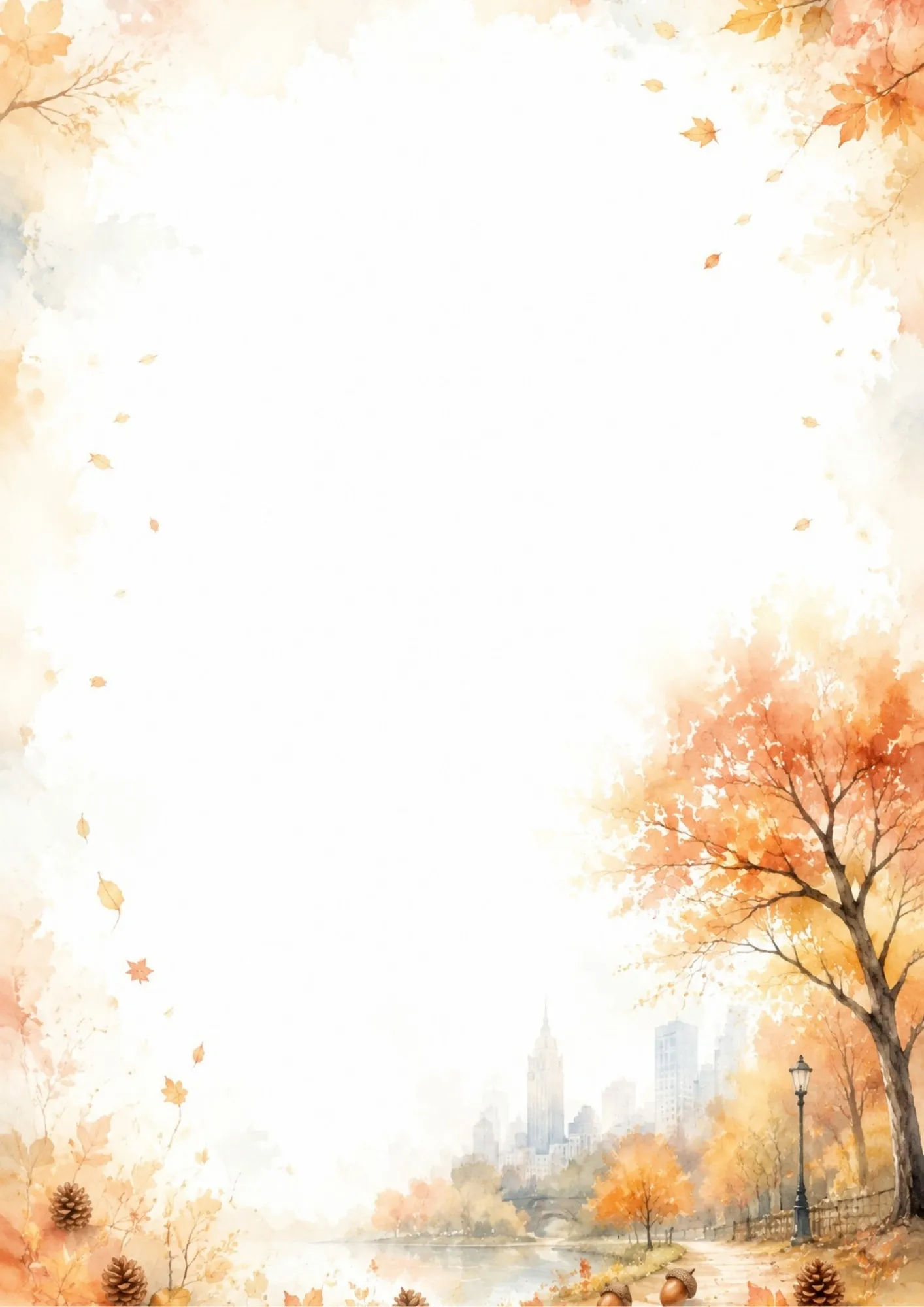 Watercolor border writing page showing a large golden-orange tree along a pathway in Central Park, with a distant lake and skyline.