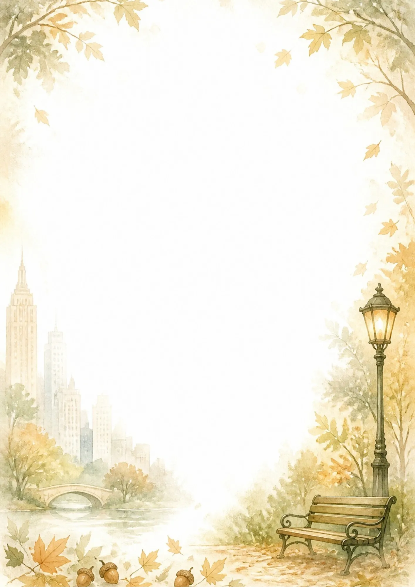Watercolor border writing page showing a park bench under a glowing streetlamp in Central Park, with Bow Bridge and skyline in autumn.
