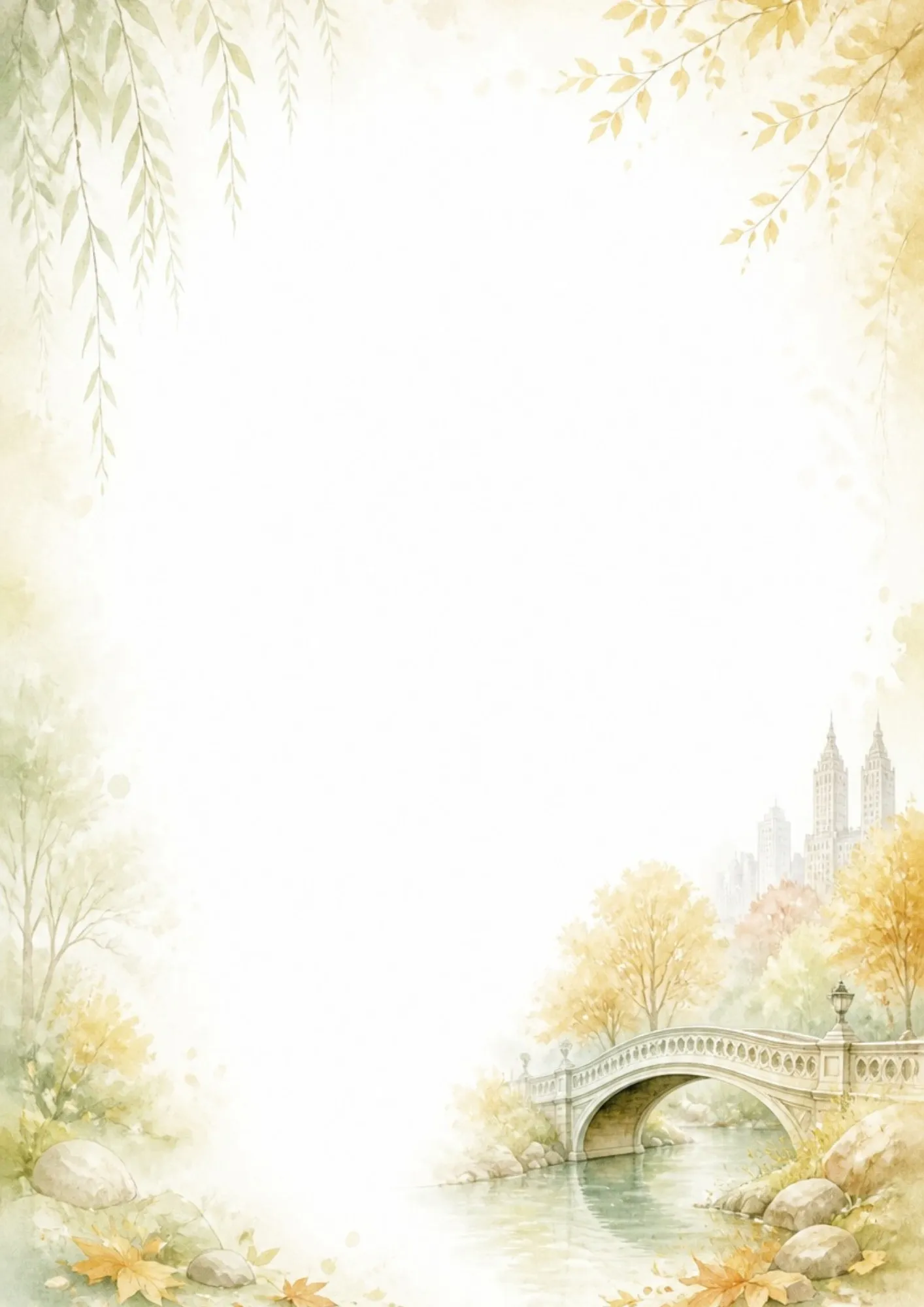 Watercolor border writing page showing the iconic Bow Bridge over a stream with yellow autumn leaves and distant skyscrapers.