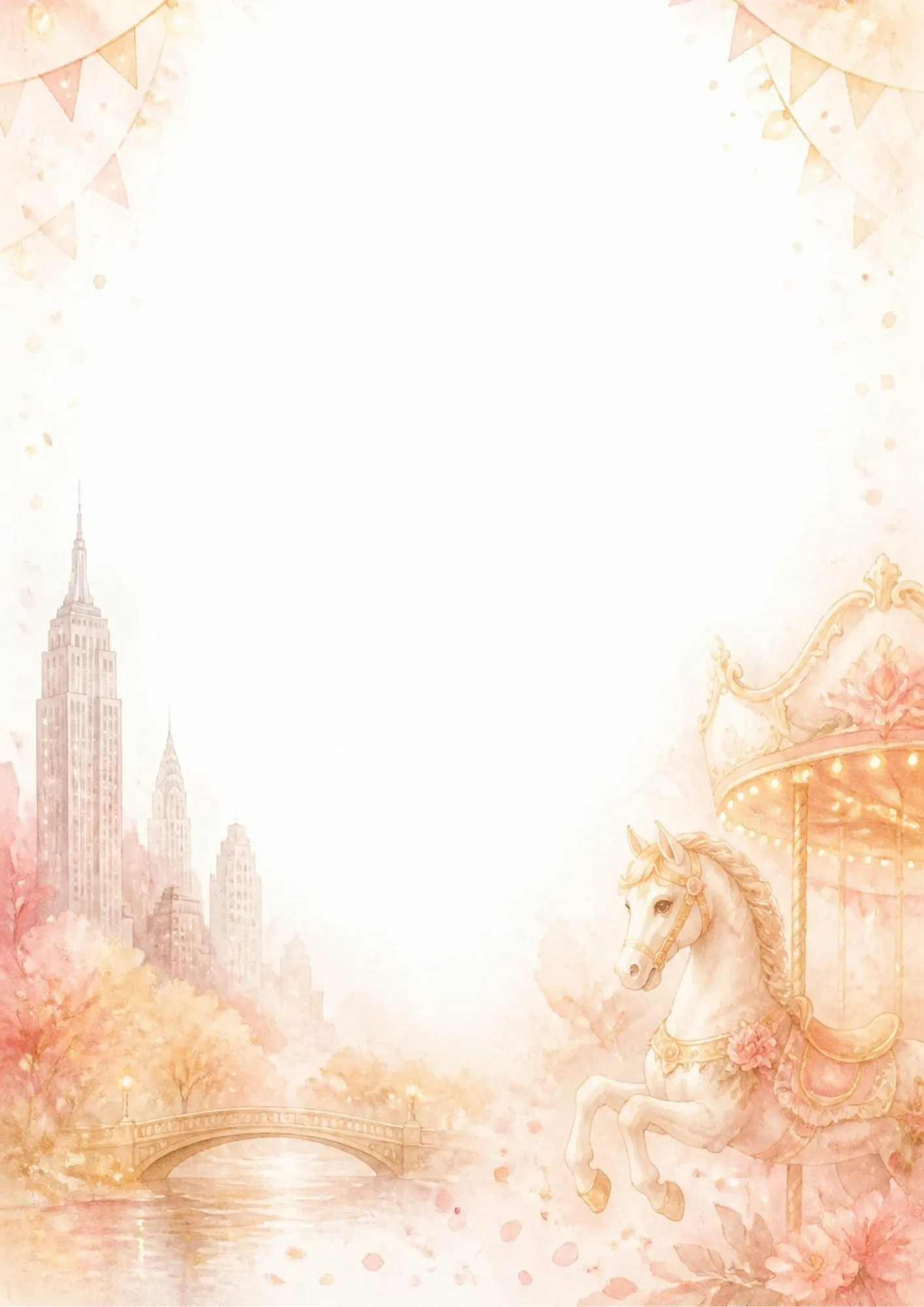 Watercolor border writing page showing a vintage carousel horse decorated with pink roses under festive lights, with Bow Bridge in the distance.