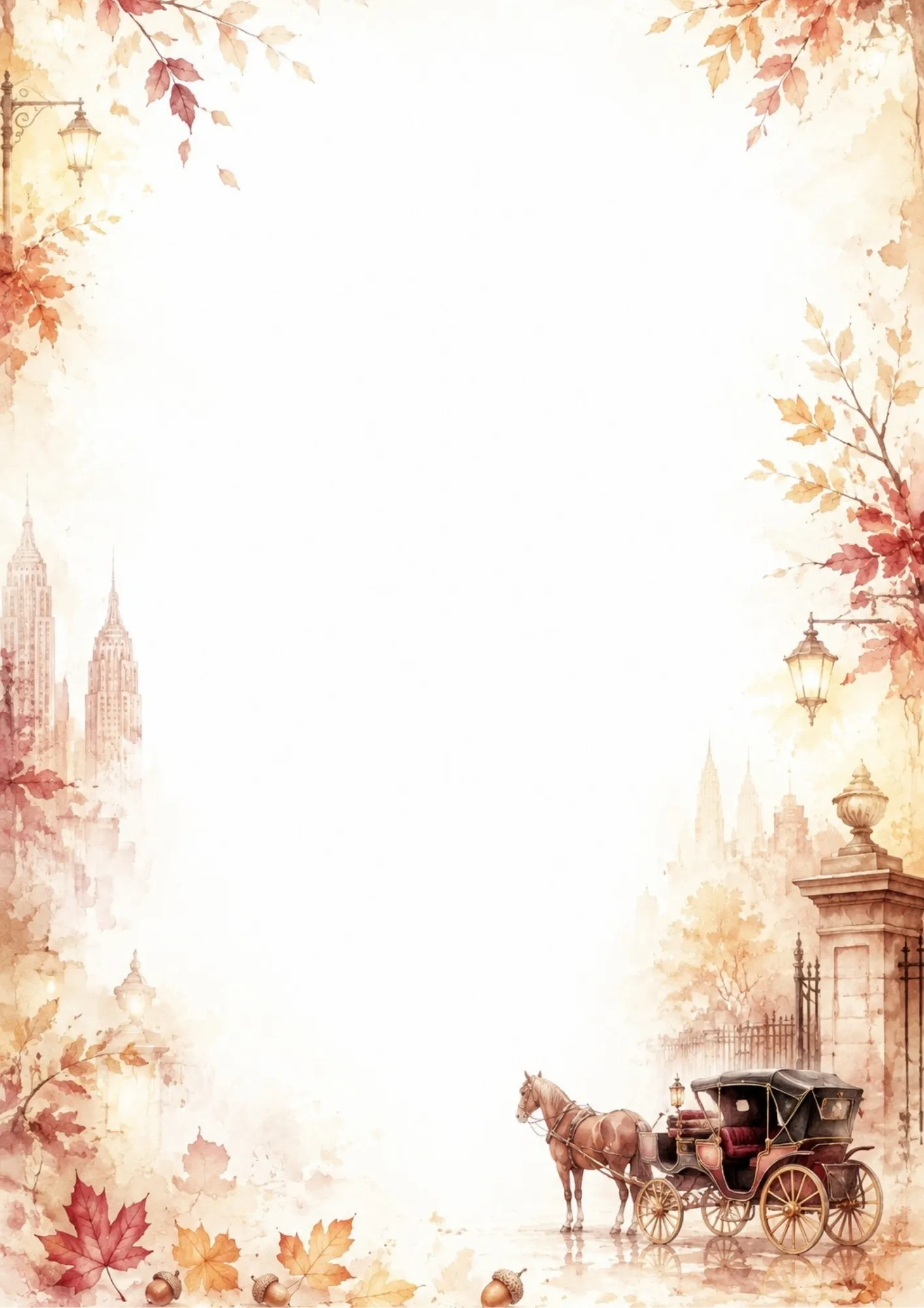 Watercolor border writing page depicting a horse-drawn carriage next to a Central Park stone gate under warm autumn maple leaves.