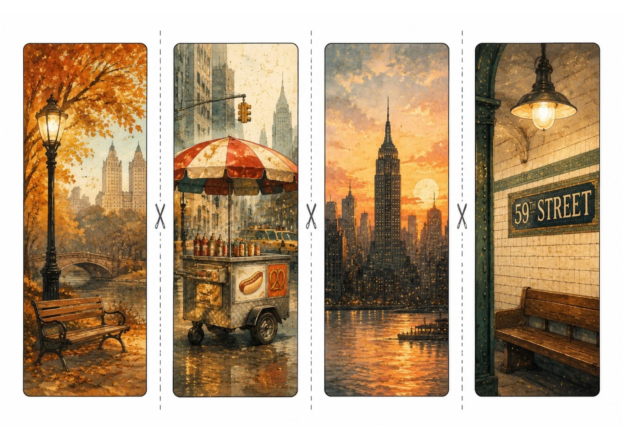 Printable page with four bookmarks depicting Central Park autumn bench, NYC hot dog street vendor cart, Empire State sunset river view, and 59th Street subway station.