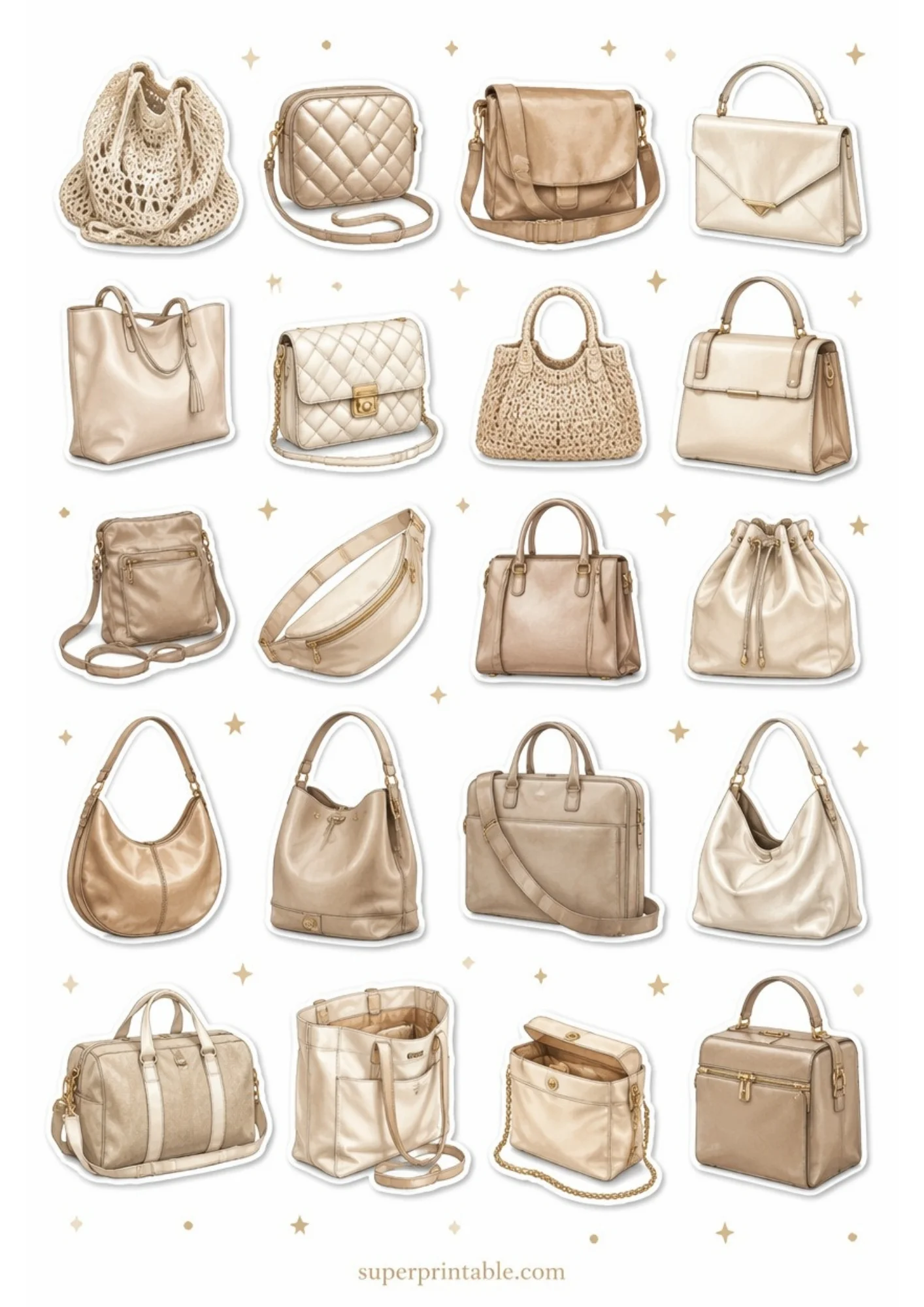 A printable sticker sheet displaying 20 elegant handbags in shiny champagne gold, metallic beige, and cream colors.