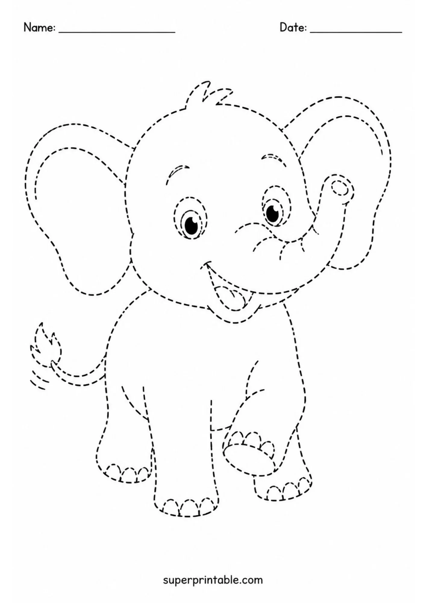 Black and white line art worksheet showing a baby elephant walking forward with one raised foot, curved trunk, and wagging tail. Built with dashed tracing lines.