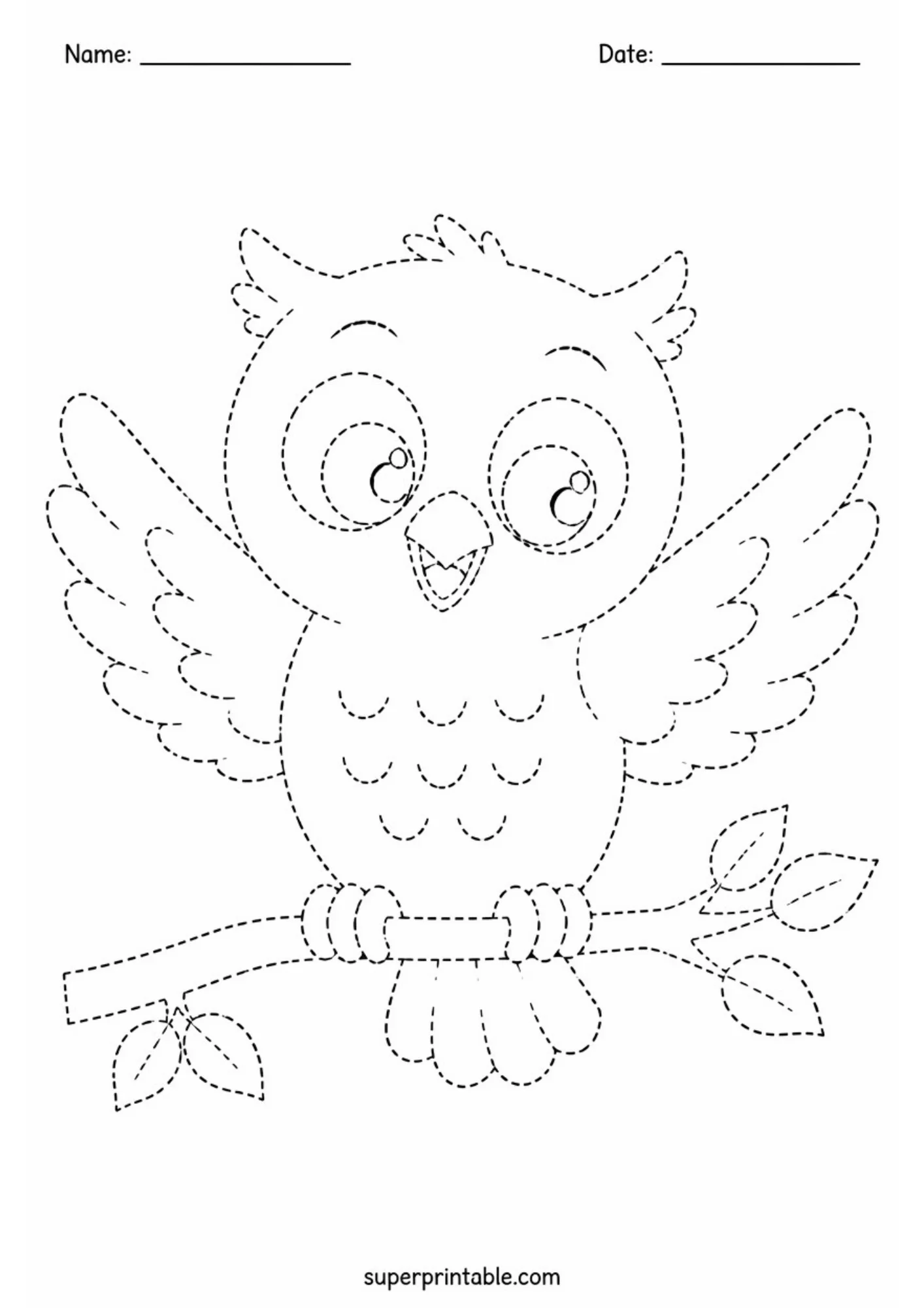 Preschool line tracing sheet of a happy owl perched on a tree branch with spread wings and large expressive eyes, rendered in dotted outlines.
